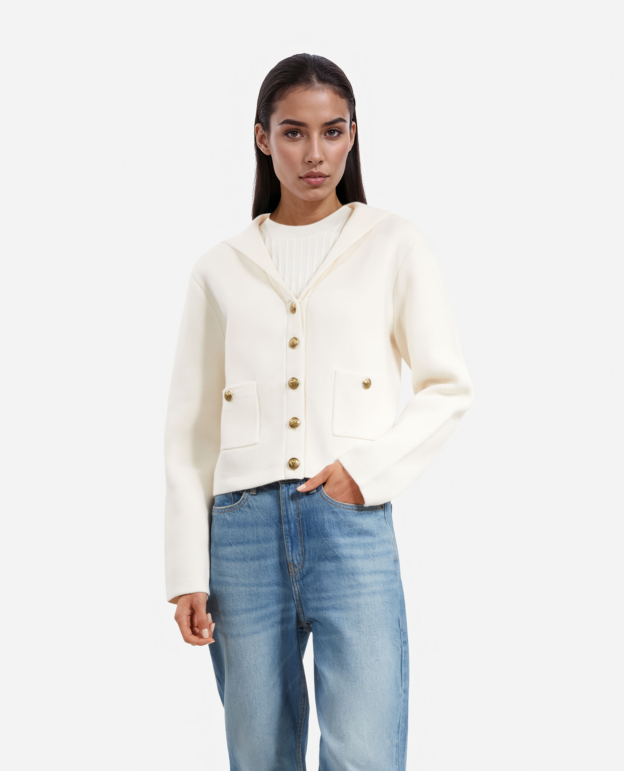 Cardigan en coton et laine ecru, ECRU, hi-res image number null