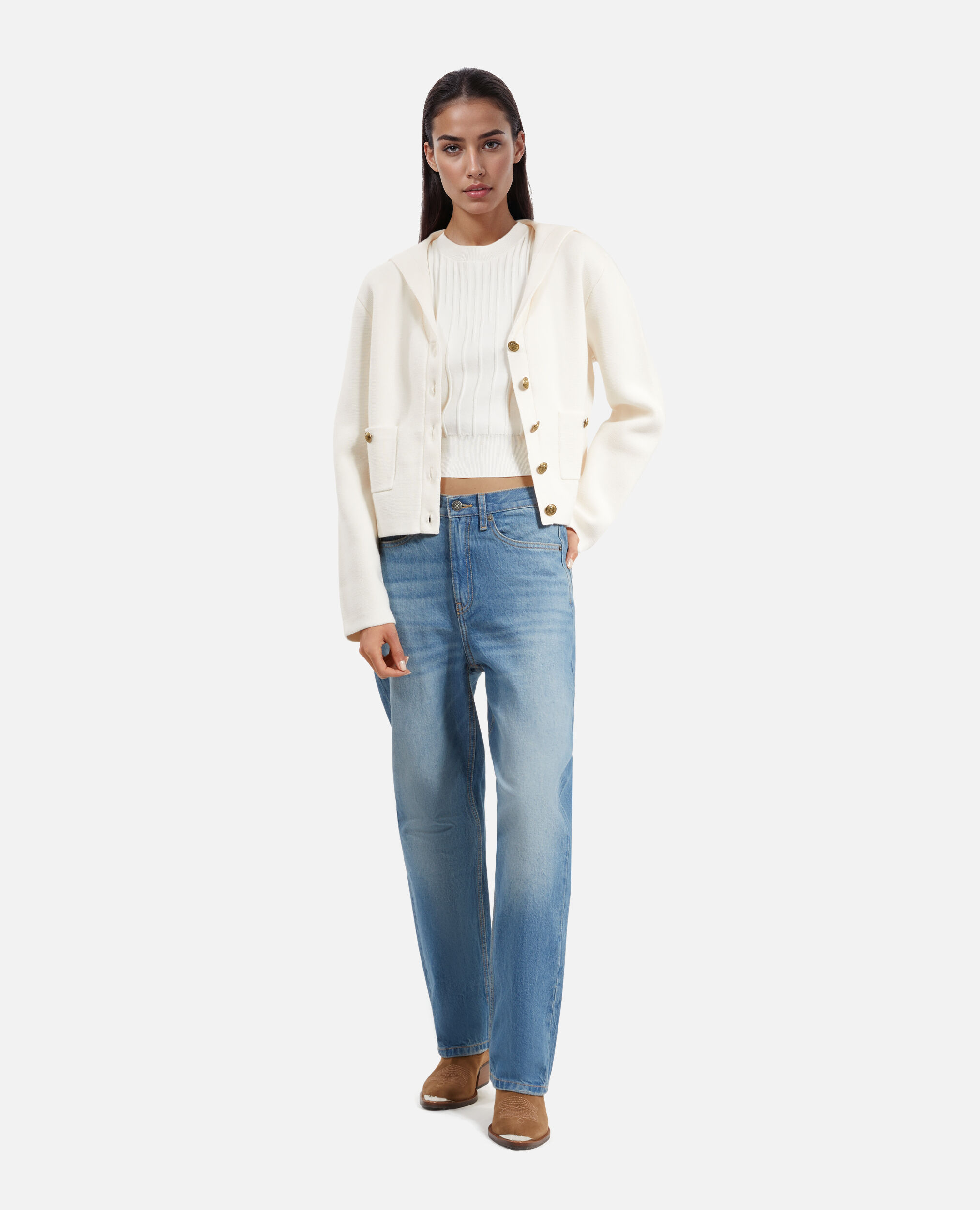 Cardigan en coton et laine ecru, ECRU, hi-res image number null