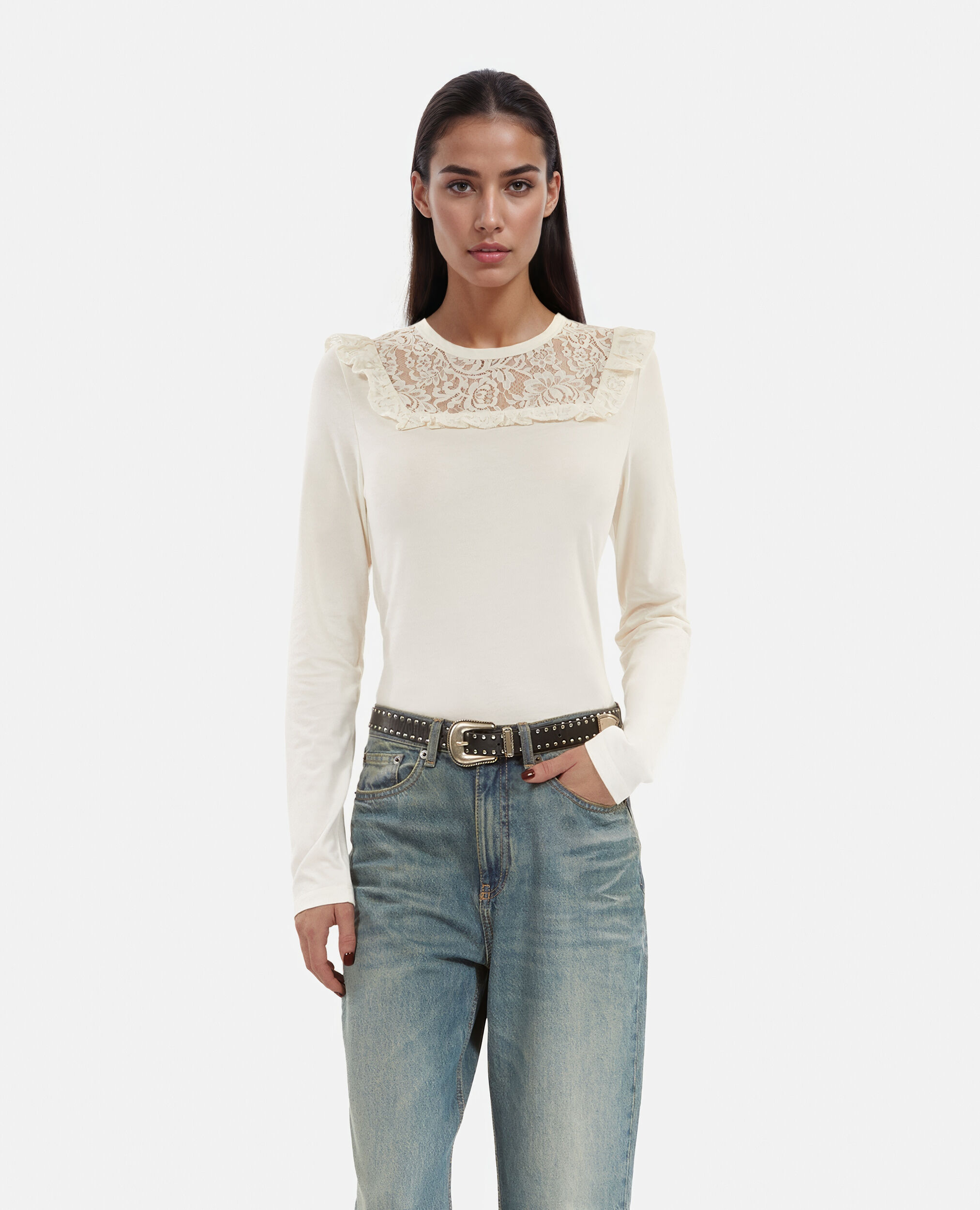 T-shirt manches longues avec dentelle blanc, WHITE, hi-res image number null