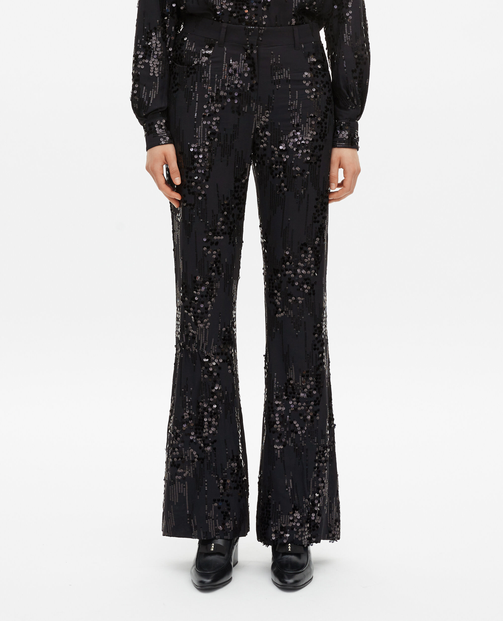 Pantalon flare à sequins noir, BLACK, hi-res image number null