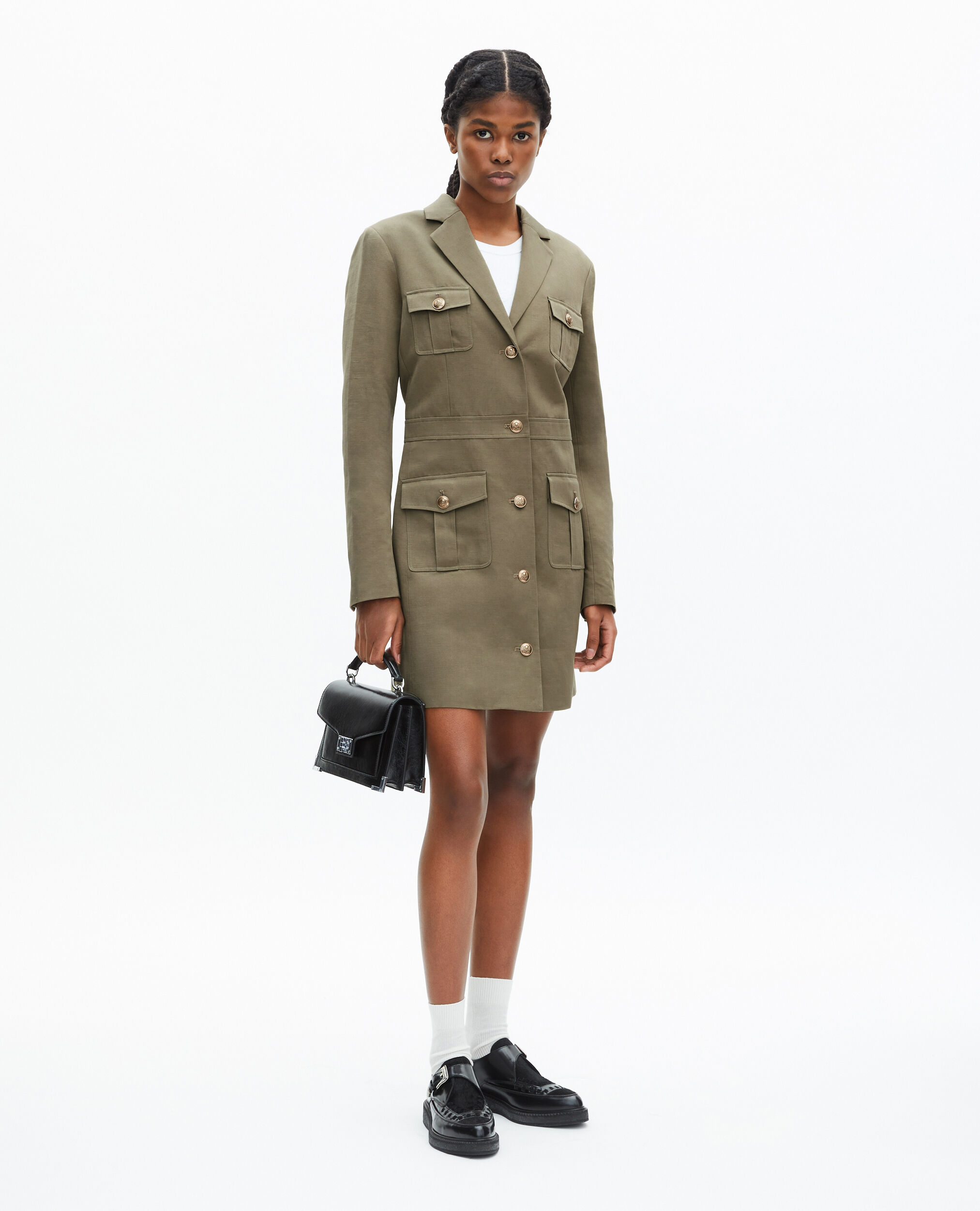 Robe courte style officier en lin kaki, KAKI, hi-res image number null
