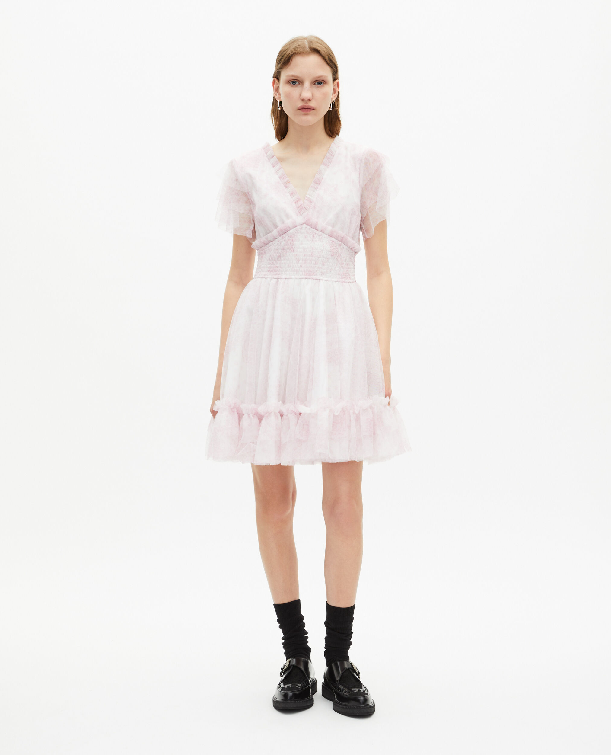 Robe courte en tulle imprimé rose pâle, WHITE - PINK, hi-res image number null