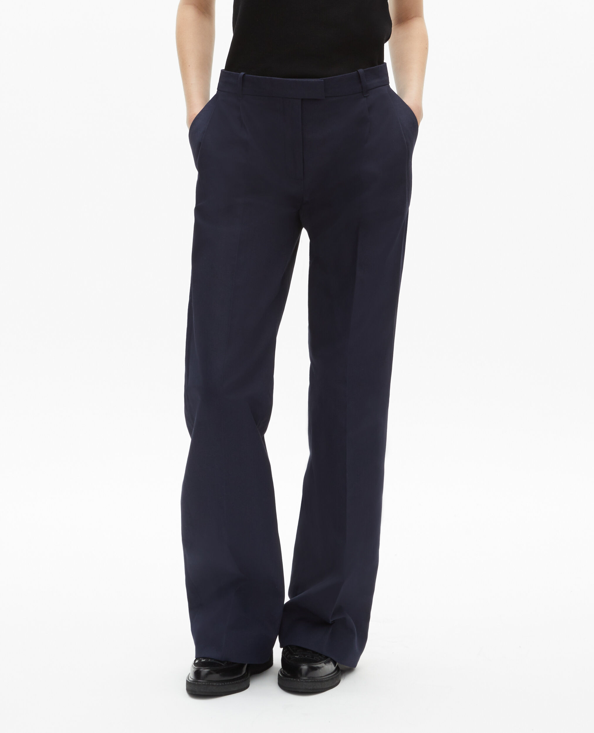 Pantalon droit en coton et lin marine, NAVY, hi-res image number null