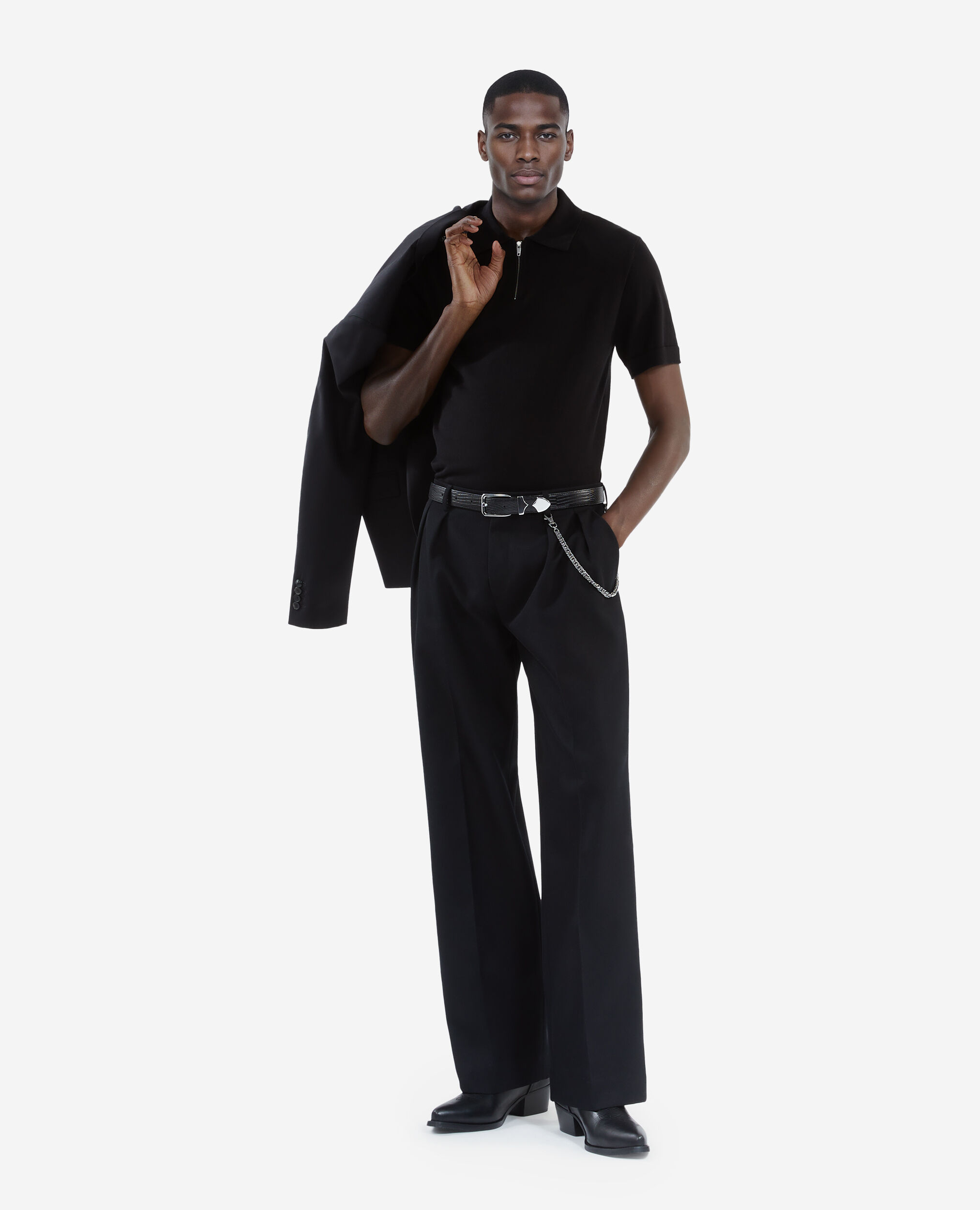 Polo en maille col zippé noir, BLACK, hi-res image number null