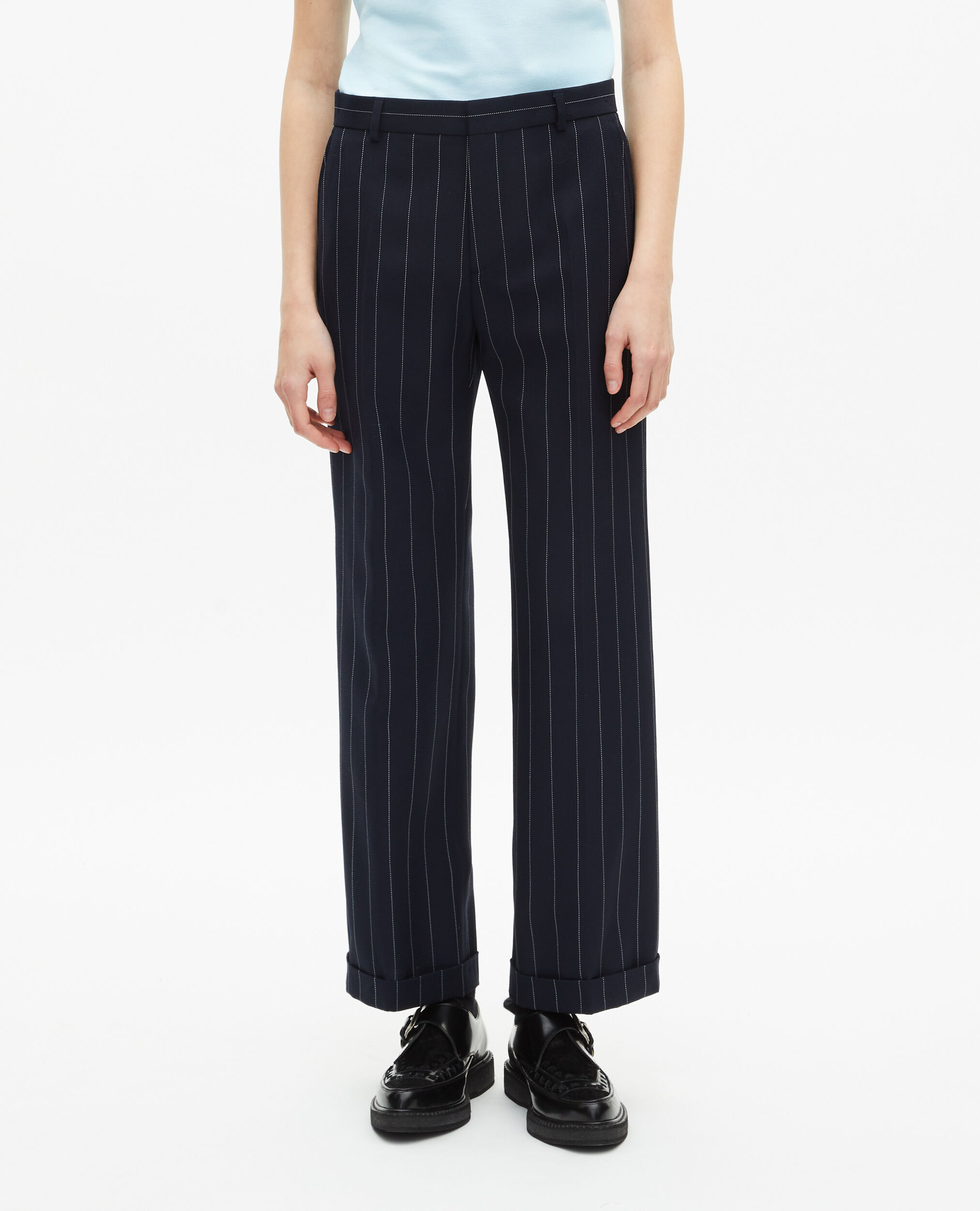 Pantalon tailleur rayures tennis droit en laine mélangée, NAVY, hi-res image number null