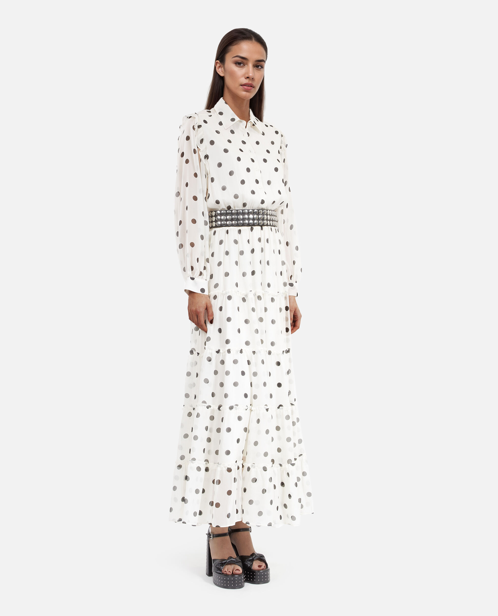 Robe longue blanche à pois écrue, WHITE / BLACK, hi-res image number null