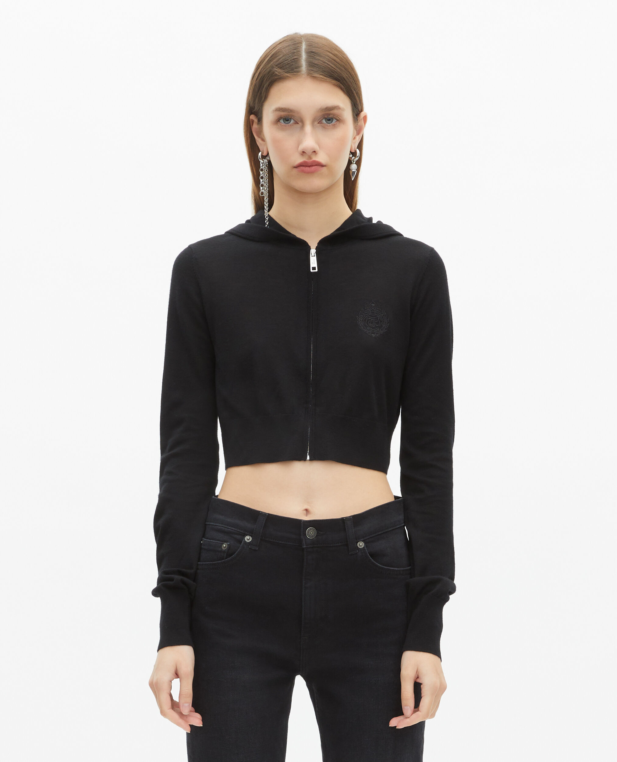 Cardigan à capuche en laine noir, BLACK, hi-res image number null
