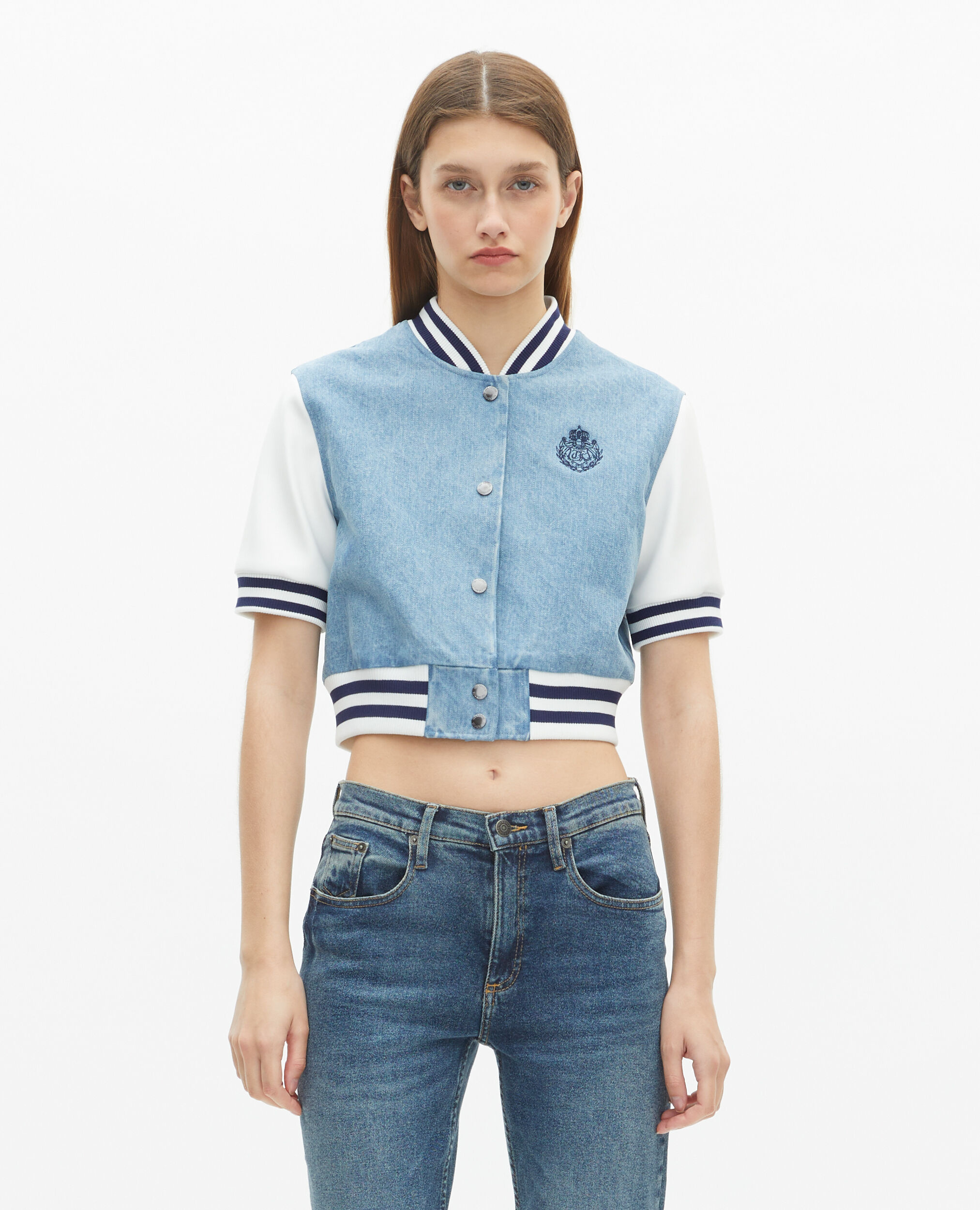 Blouson teddy manches courtes en denim, BLUE WHITE, hi-res image number null