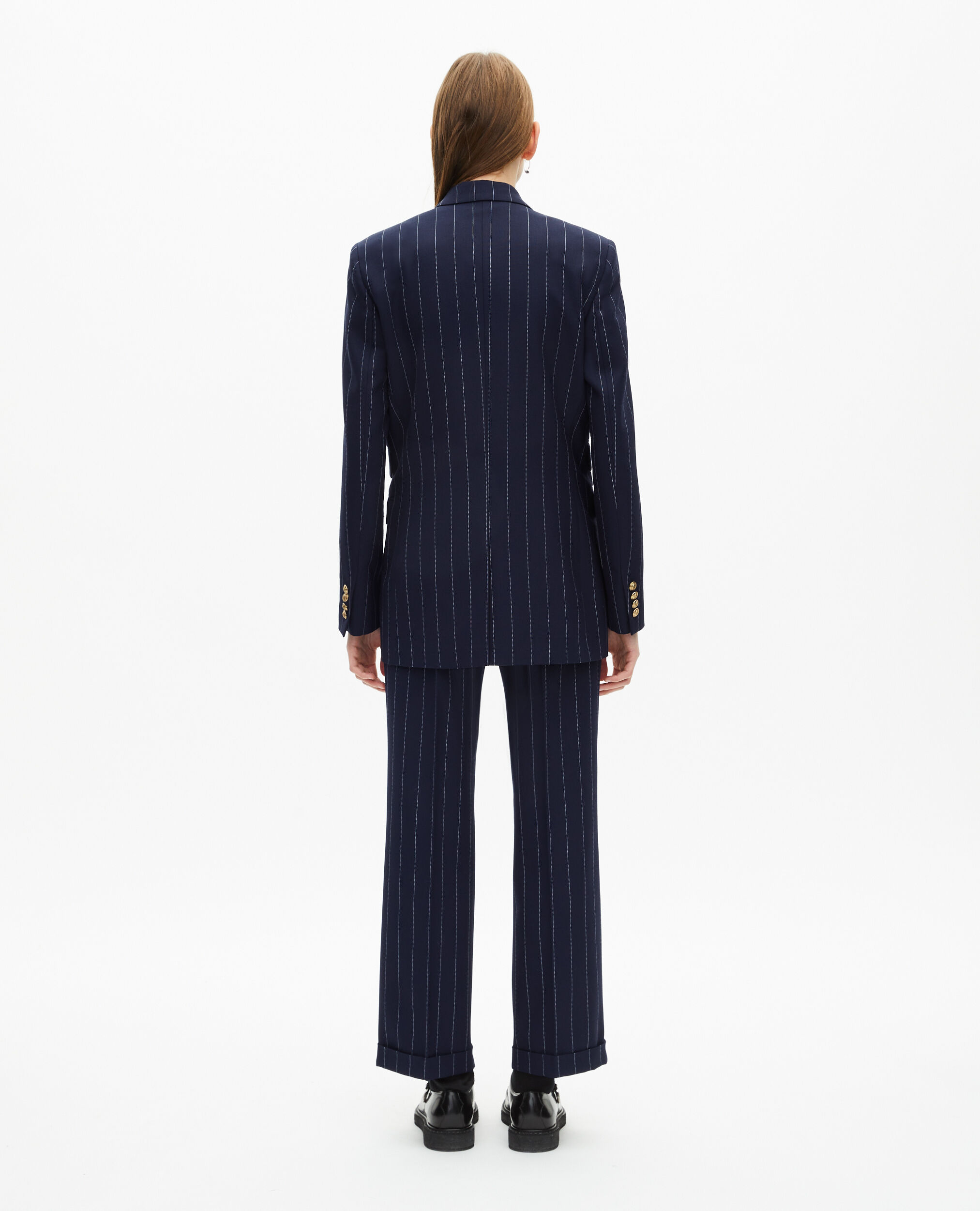 Veste tailleur à rayures tennis en laine mélangée bleu marine, NAVY, hi-res image number null