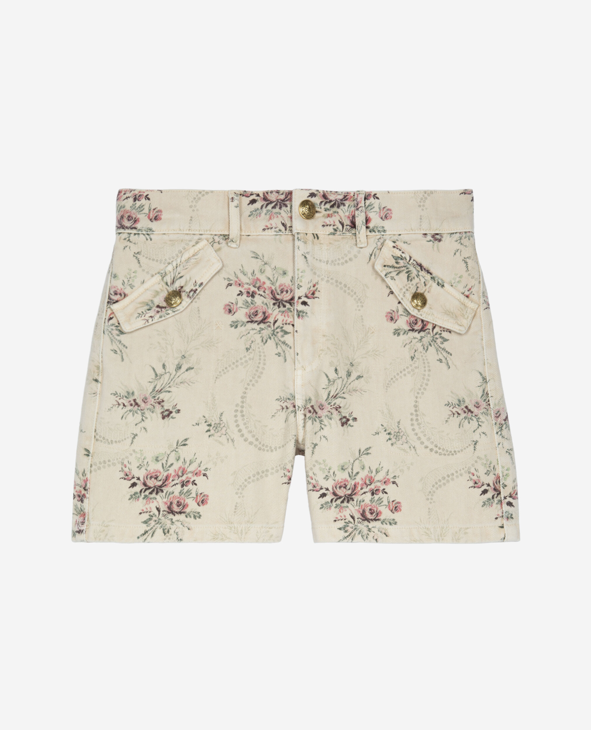 Short imprimé fleuri en denim beige, BEIGE TAUPE, hi-res image number null