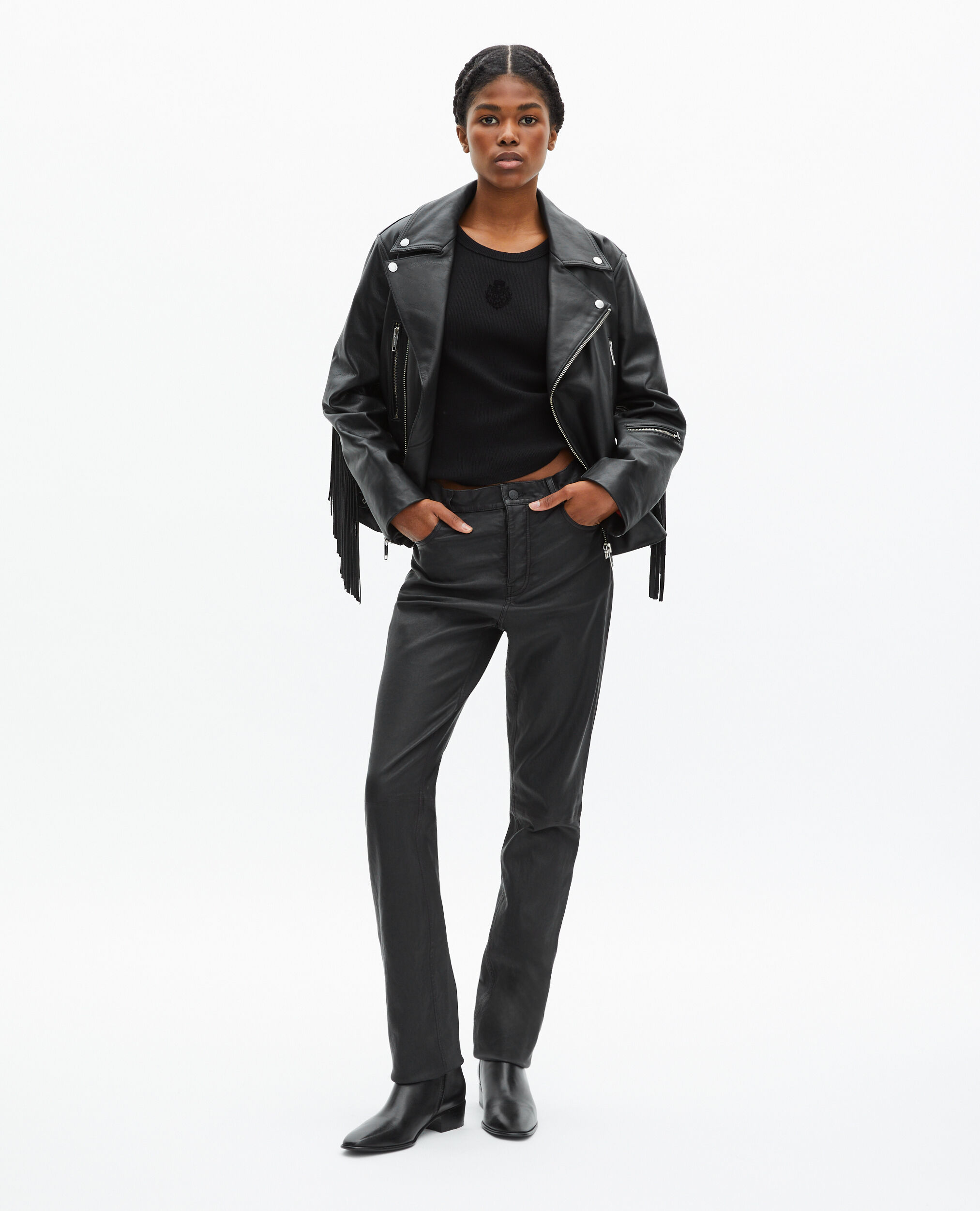 Blouson en cuir à franges noir, BLACK, hi-res image number null