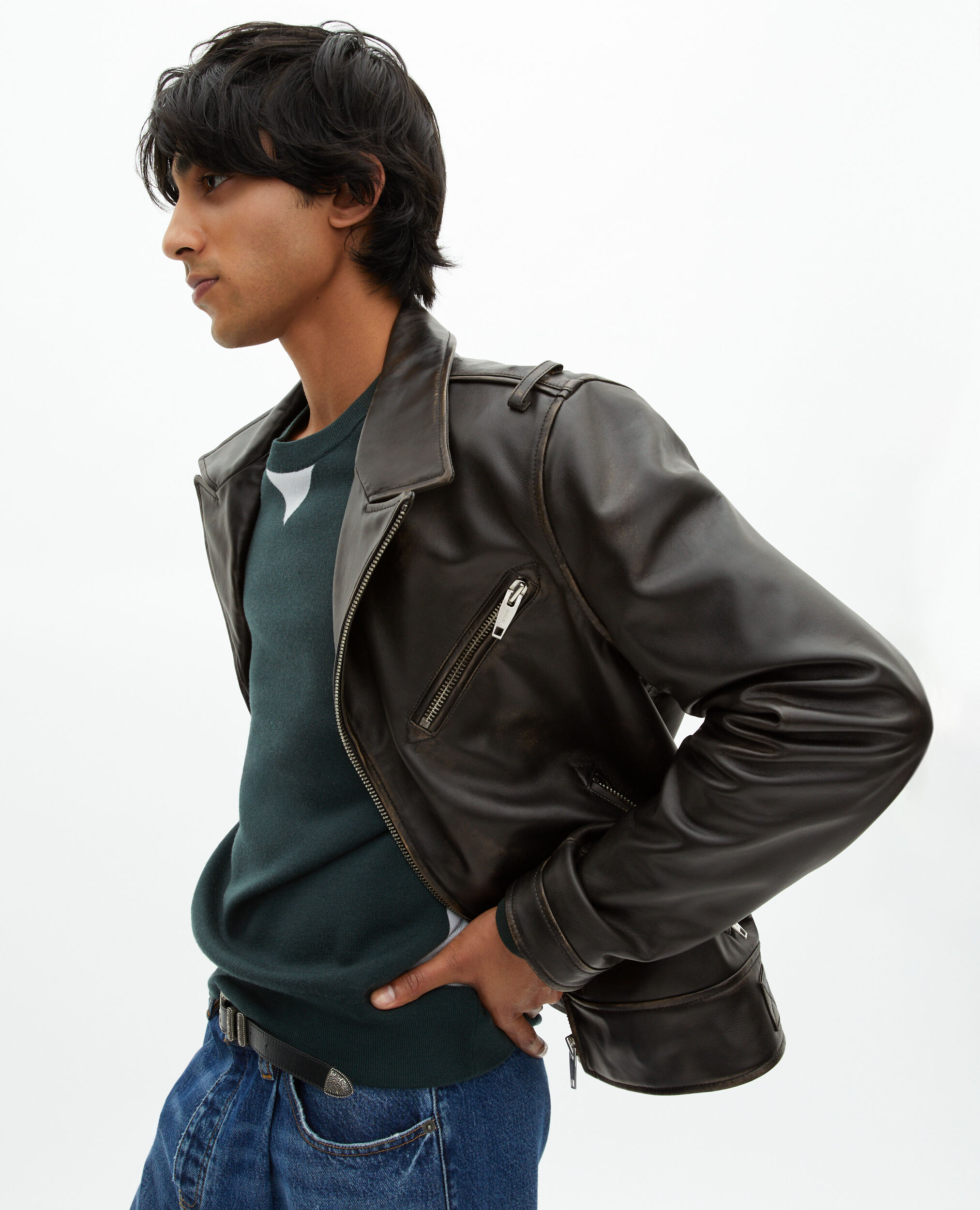 Blouson style biker en cuir noir, BLACK USED LIGHT, hi-res image number null
