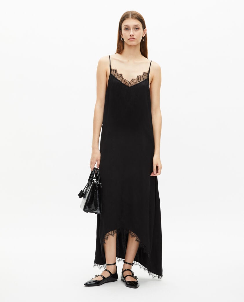 The Kooples DAMEN BLACK langes, schwarzes babydollkleid mit blumen