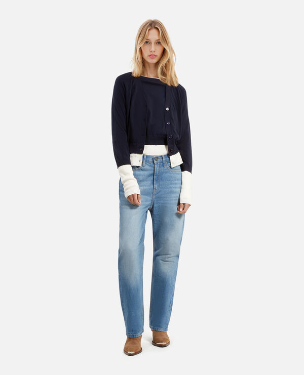 The Kooples FEMME DARK NAVY-ECRU cardigan en coton bleu marine et écru