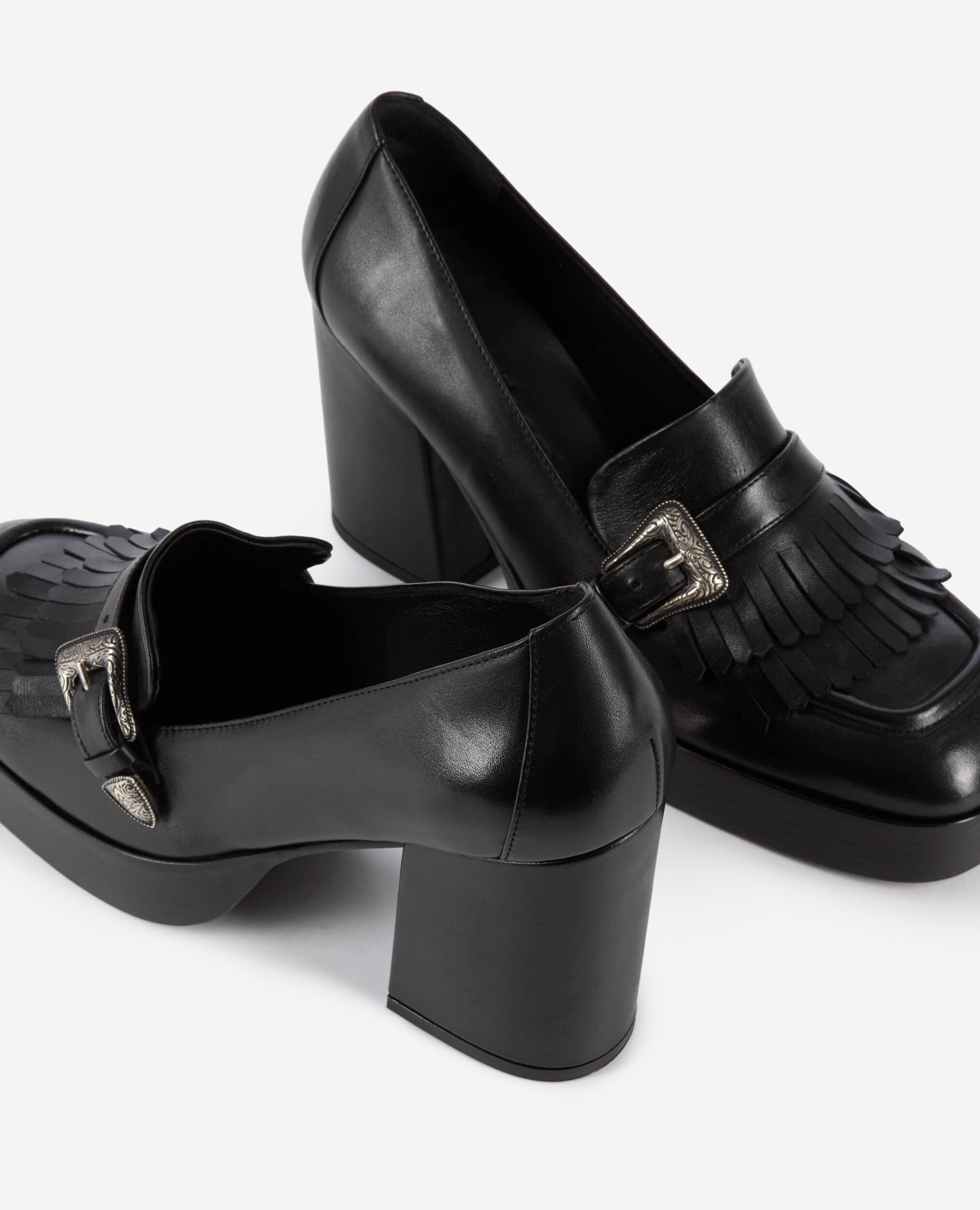 Mocassins à talons en cuir noirs, BLACK, hi-res image number null