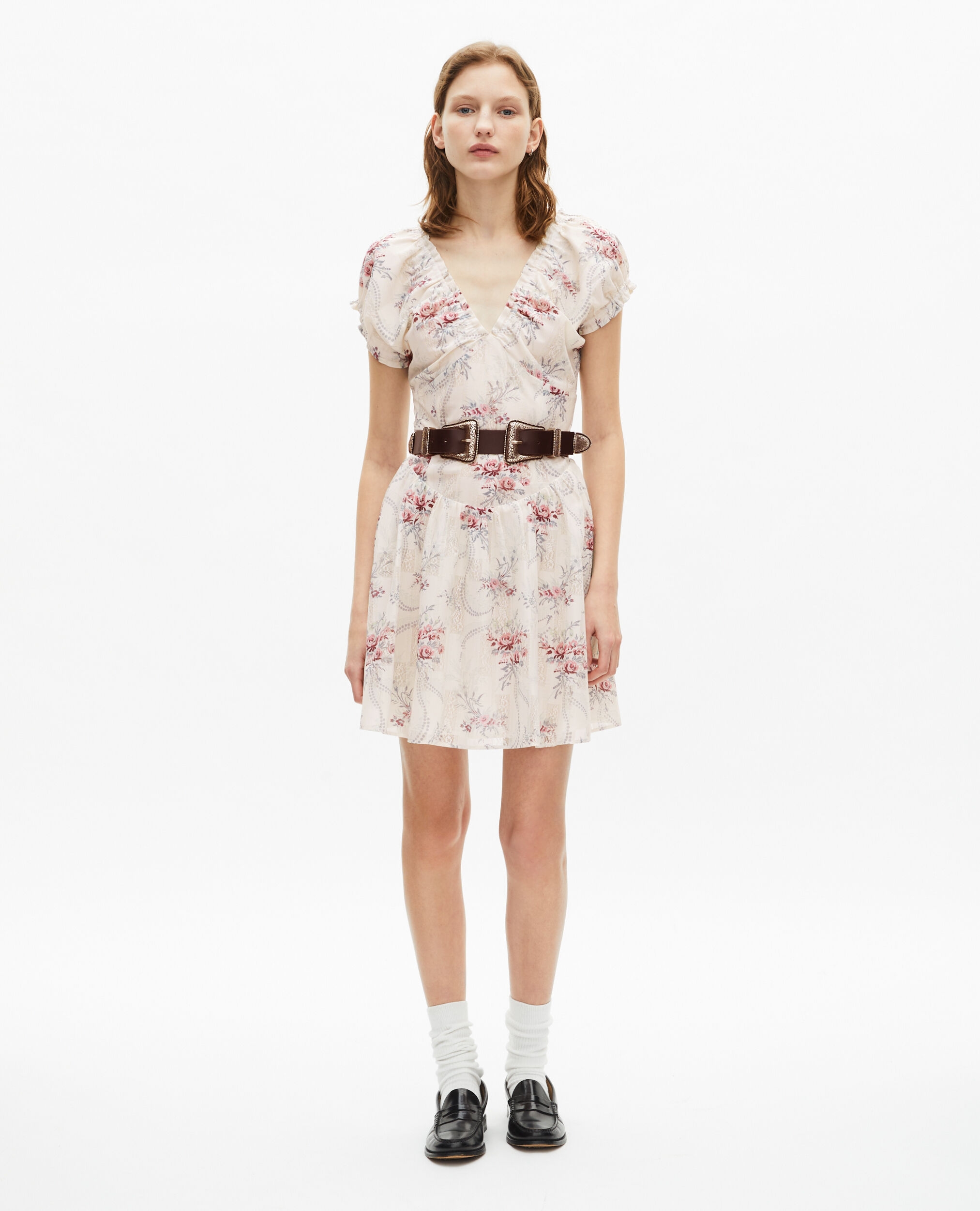 Robe courte imprimé fleuri blanche, OFF WHITE / PINK, hi-res image number null