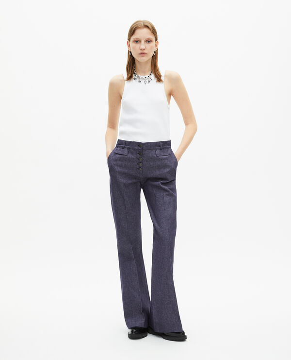 The Kooples FEMME BLUE pantalon flare en coton et lin bleu