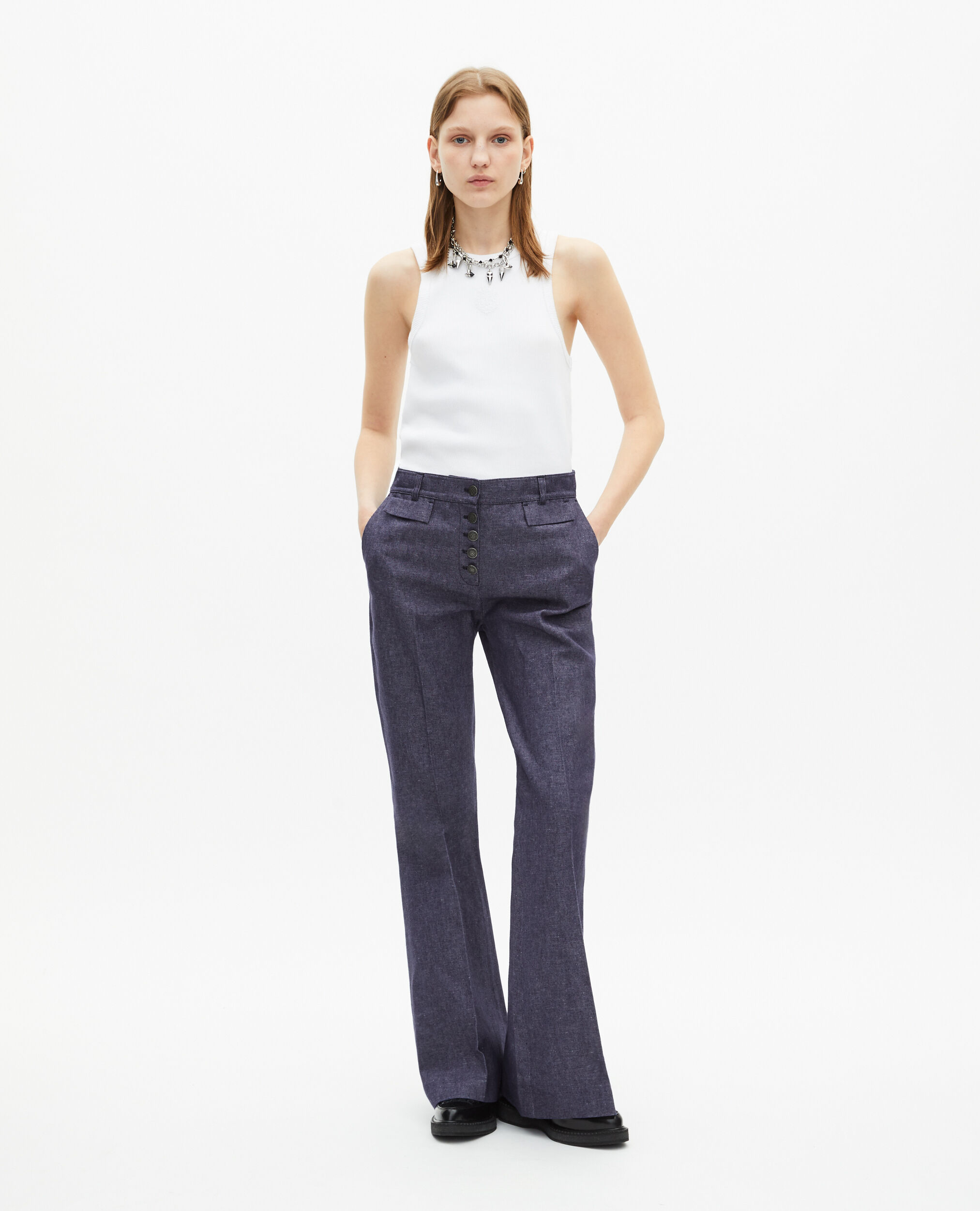 Pantalon flare en coton et lin bleu, BLUE, hi-res image number null