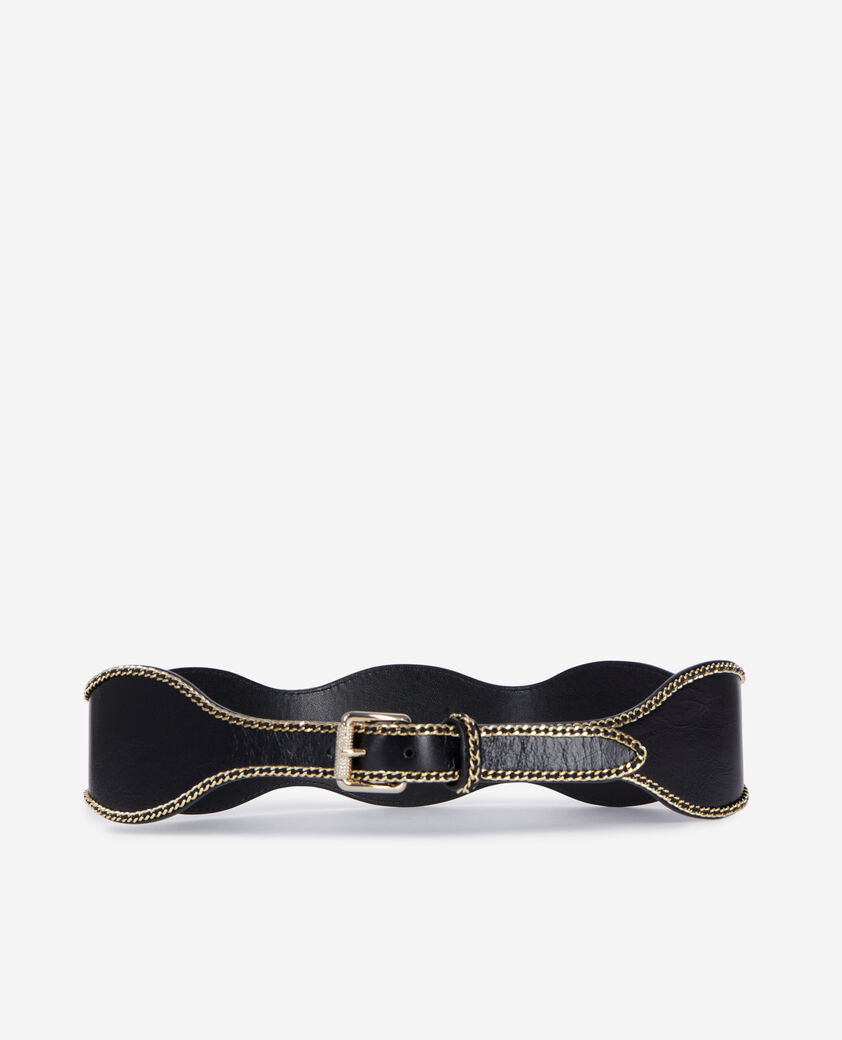 The Kooples DAMEN BLACK breiter, schwarzer ledergürtel mit kettchen