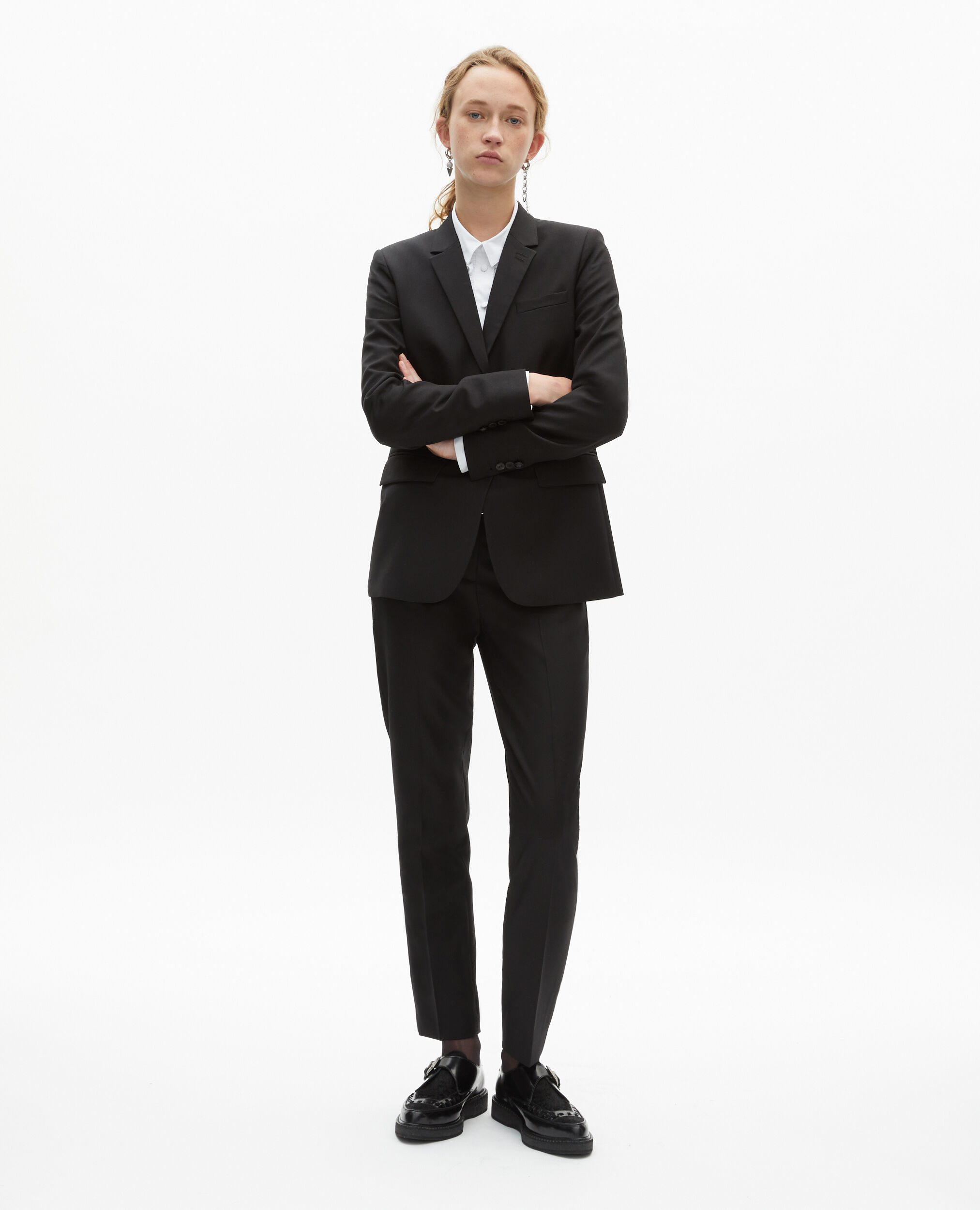 Veste tailleur en laine coupe cintrée noire, BLACK, hi-res image number null