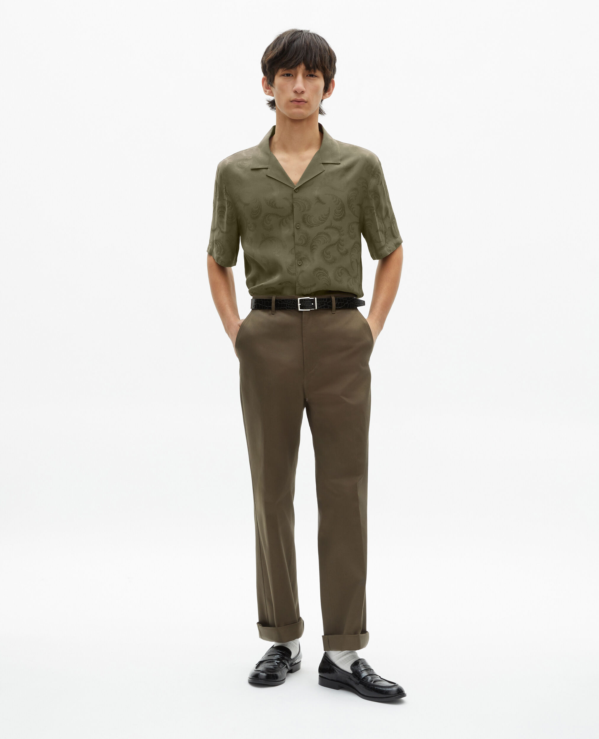 Chemise manches courtes en jacquard kaki, OLIVE KAKI, hi-res image number null