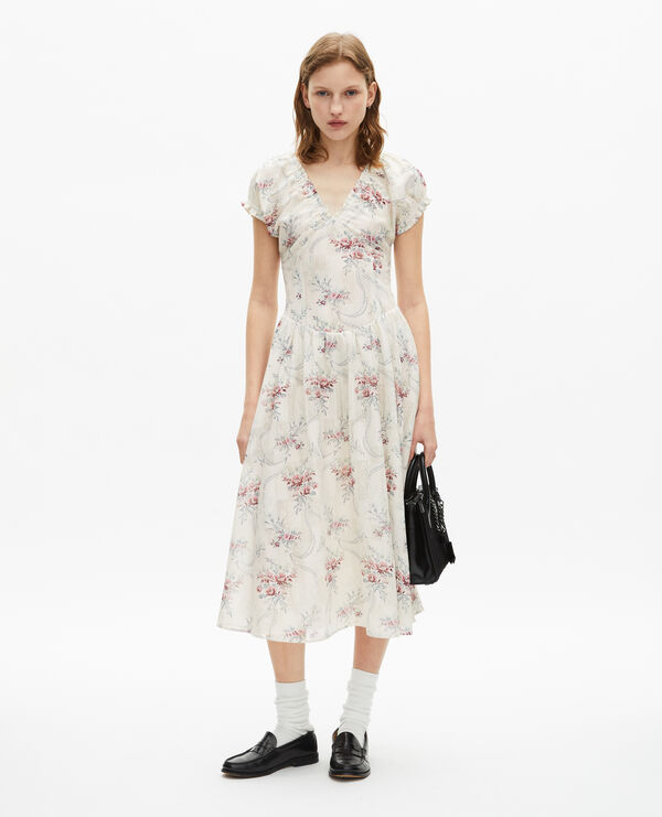 The Kooples FEMME OFF WHITE / PINK robe longue imprimé fleuri blanche