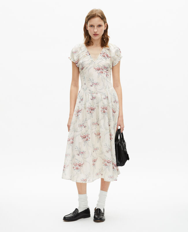 The Kooples FEMME OFF WHITE / PINK robe longue imprimé fleuri blanche