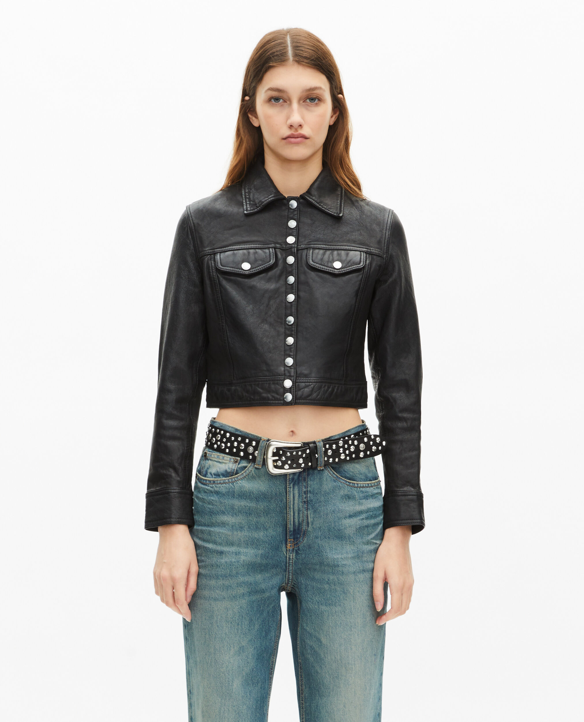 Blouson en cuir noir, BLACK, hi-res image number null