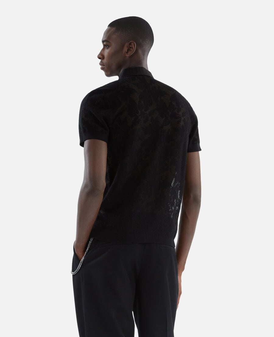 The Kooples MEN BLACK black lace-effect knit polo shirt
