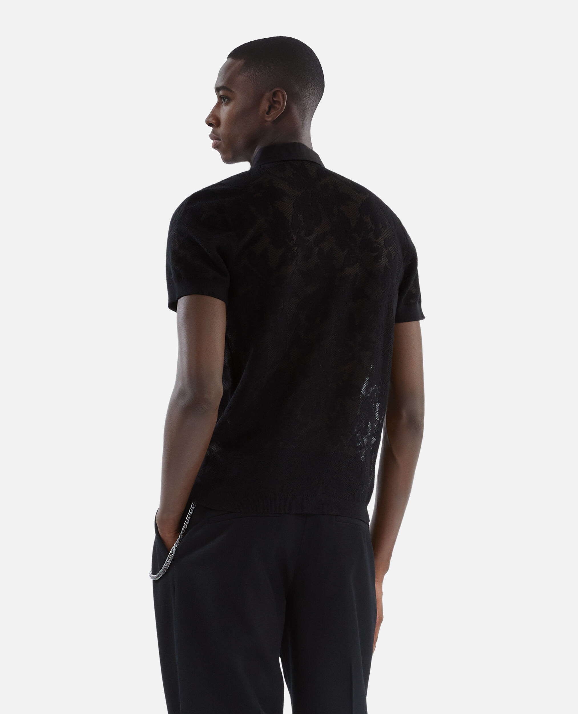 Polo en maille effet dentelle noir, BLACK, hi-res image number null