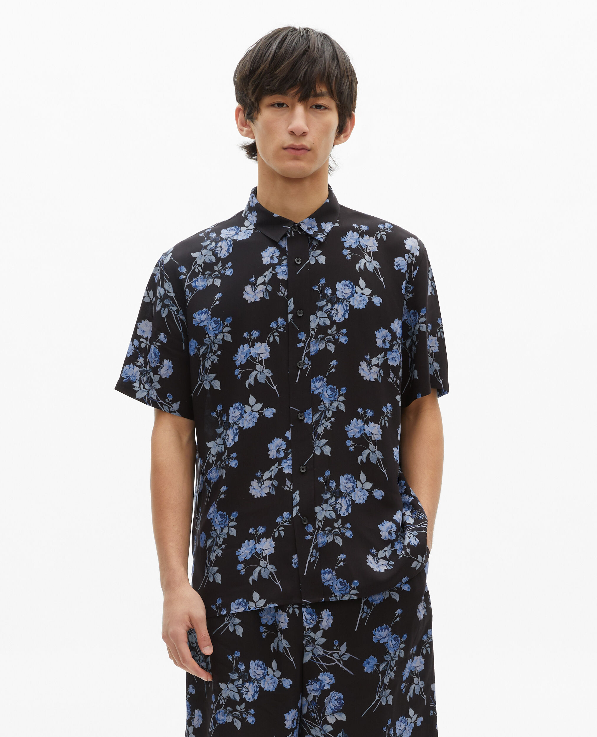 Chemise manches courtes imprimé fleuri noir, BLACK BLUE, hi-res image number null