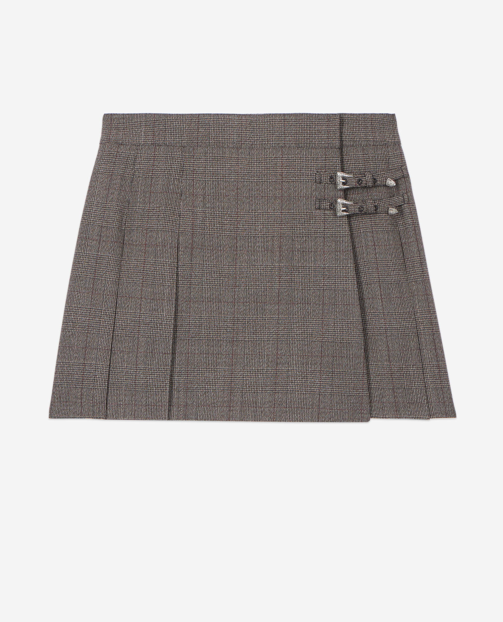 Jupe courte Prince de Galles en laine marron, BROWN, hi-res image number null