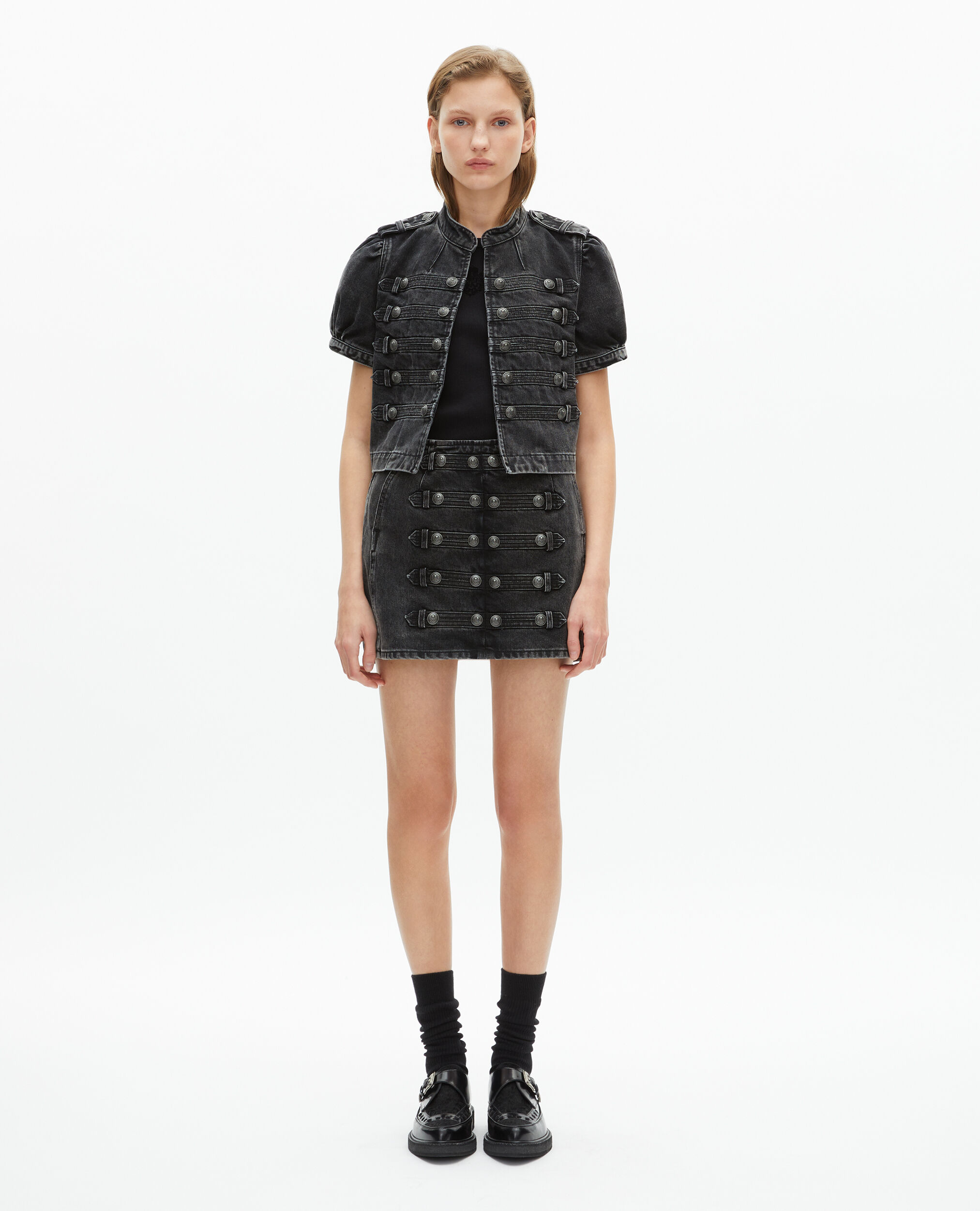 Veste manches courtes officier en denim grise, BLACK WASHED, hi-res image number null