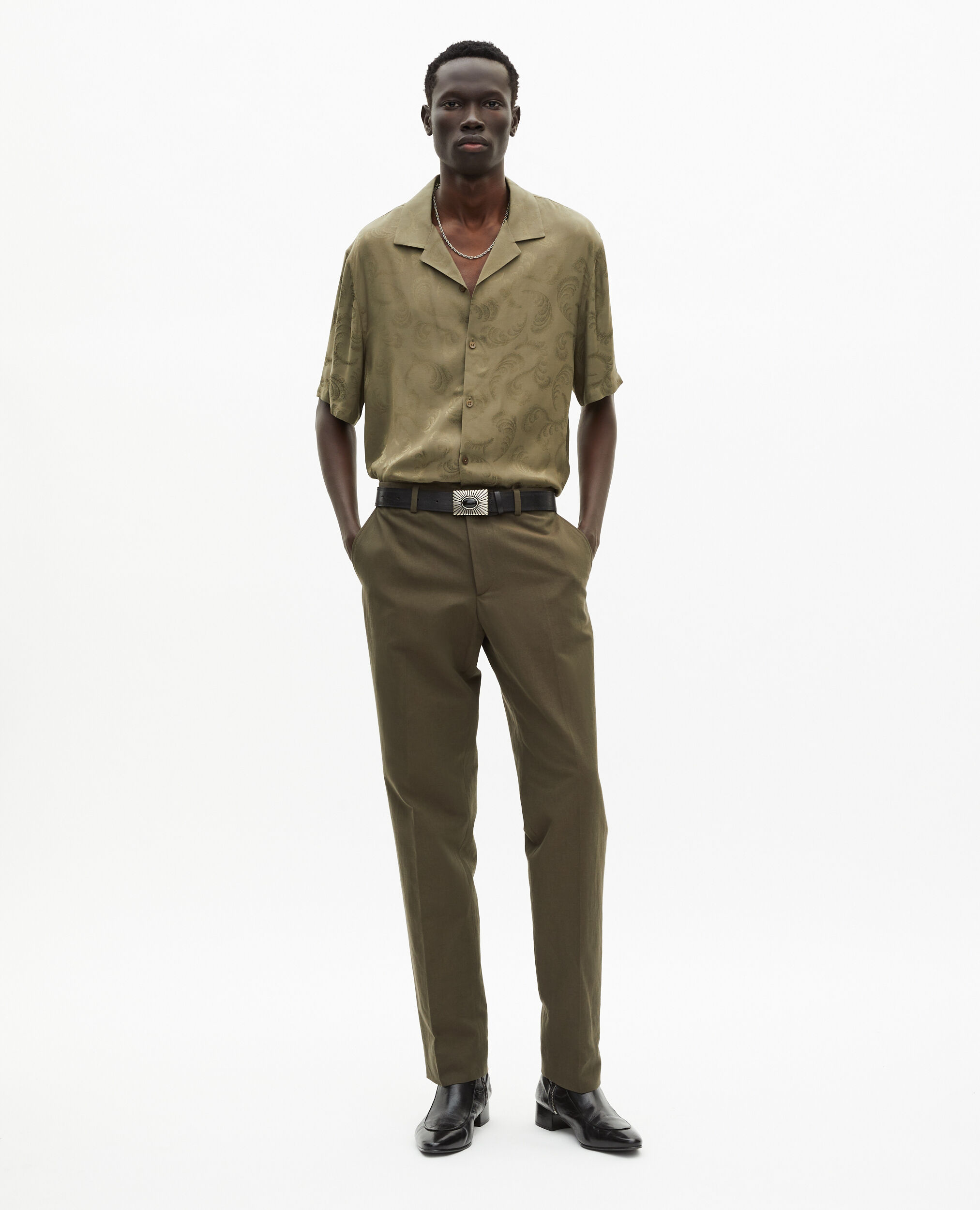 Pantalon de costume droit en coton lin kaki, KAKI, hi-res image number null