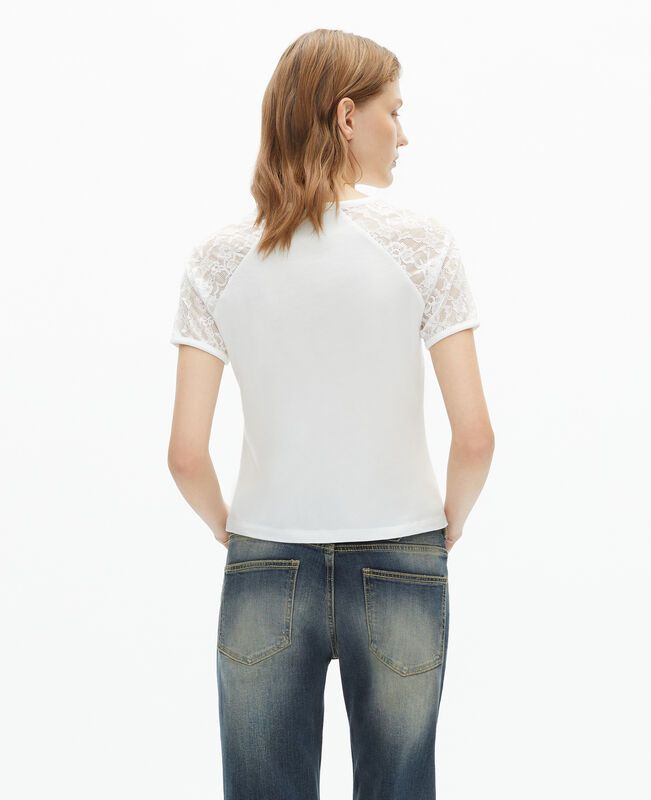 The Kooples FEMME ECRU t-shirt avec manches en dentelle blanc