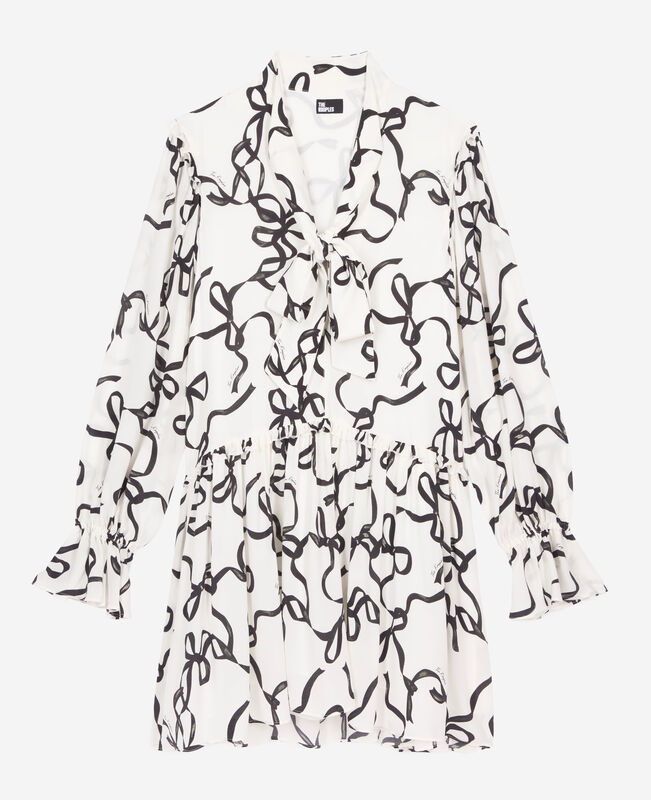 The Kooples FEMME WHITE / BLACK robe courte en soie imprimé rubans