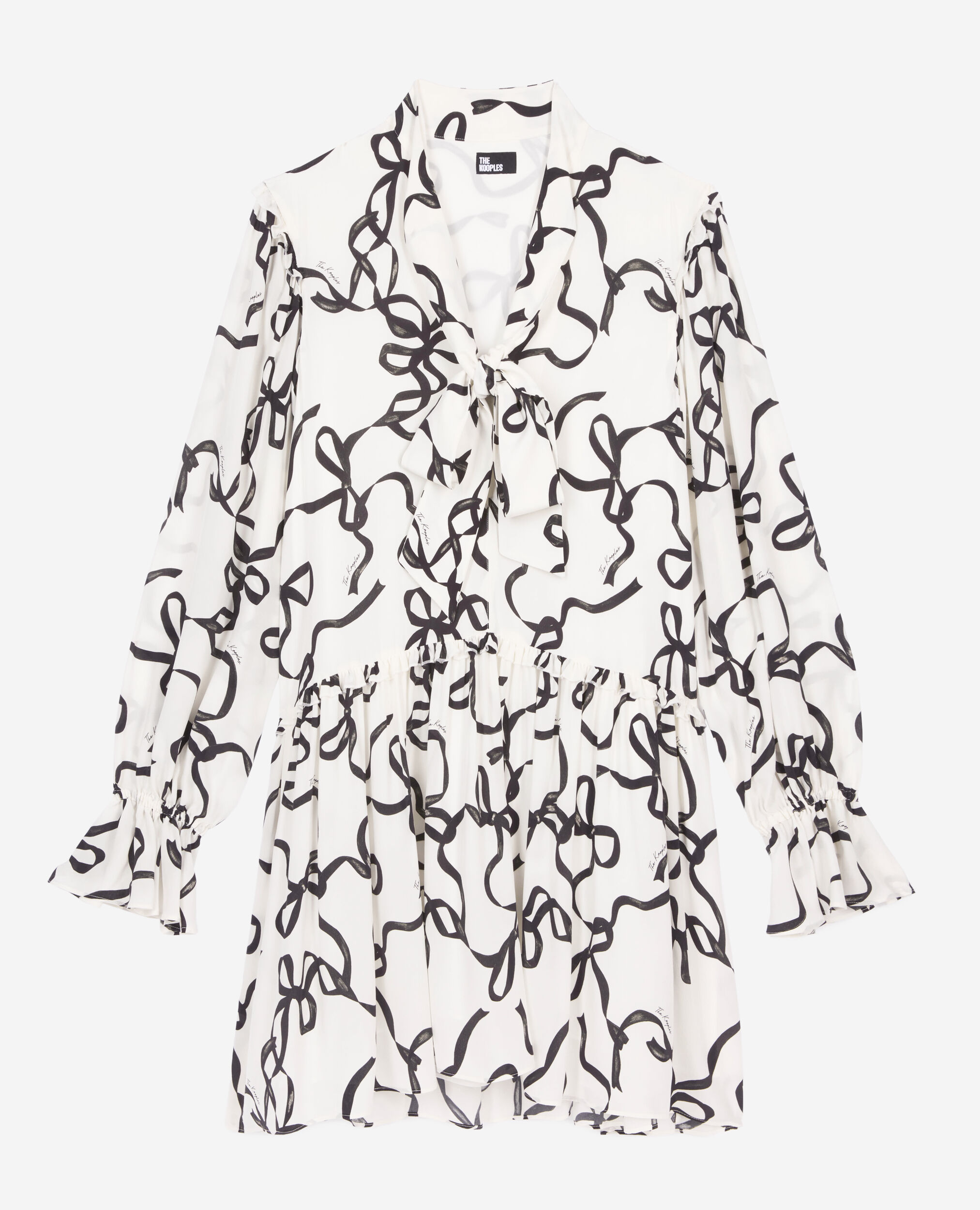 Robe courte en soie imprimé rubans, WHITE / BLACK, hi-res image number null