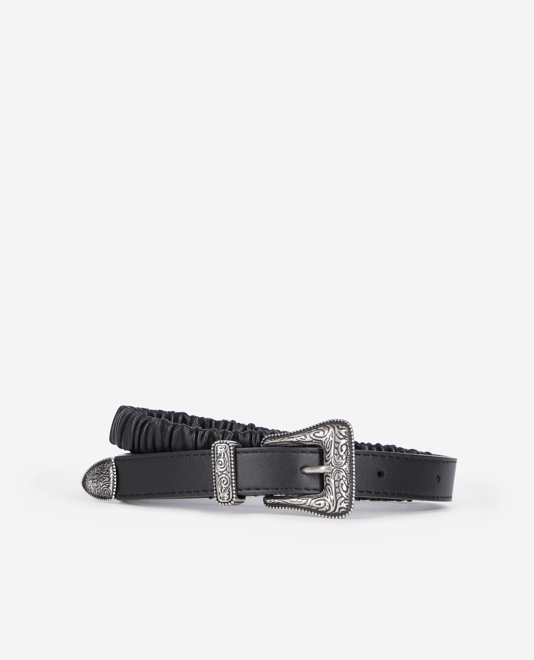 Ceinture fine en cuir froncé noir, BLACK, hi-res image number null