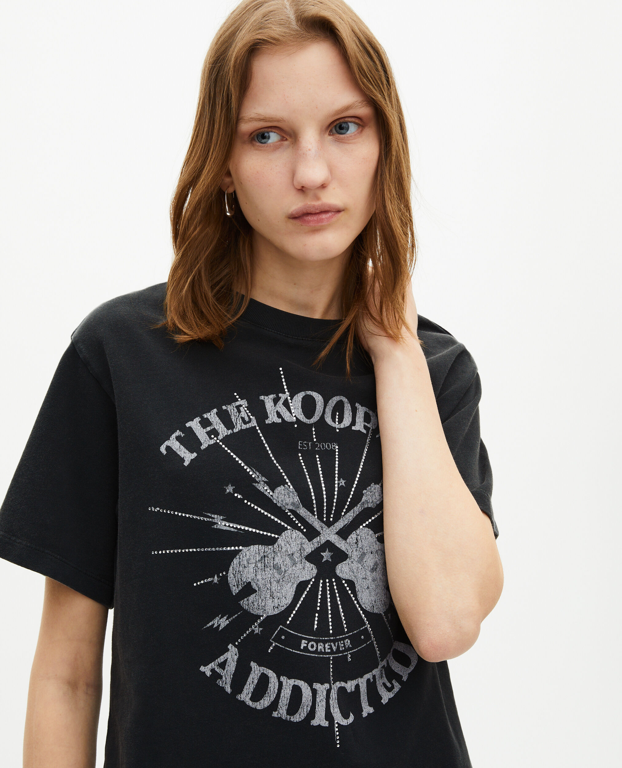 T-shirt avec sérigraphie en strass noir délavé, BLACK WASHED, hi-res image number null