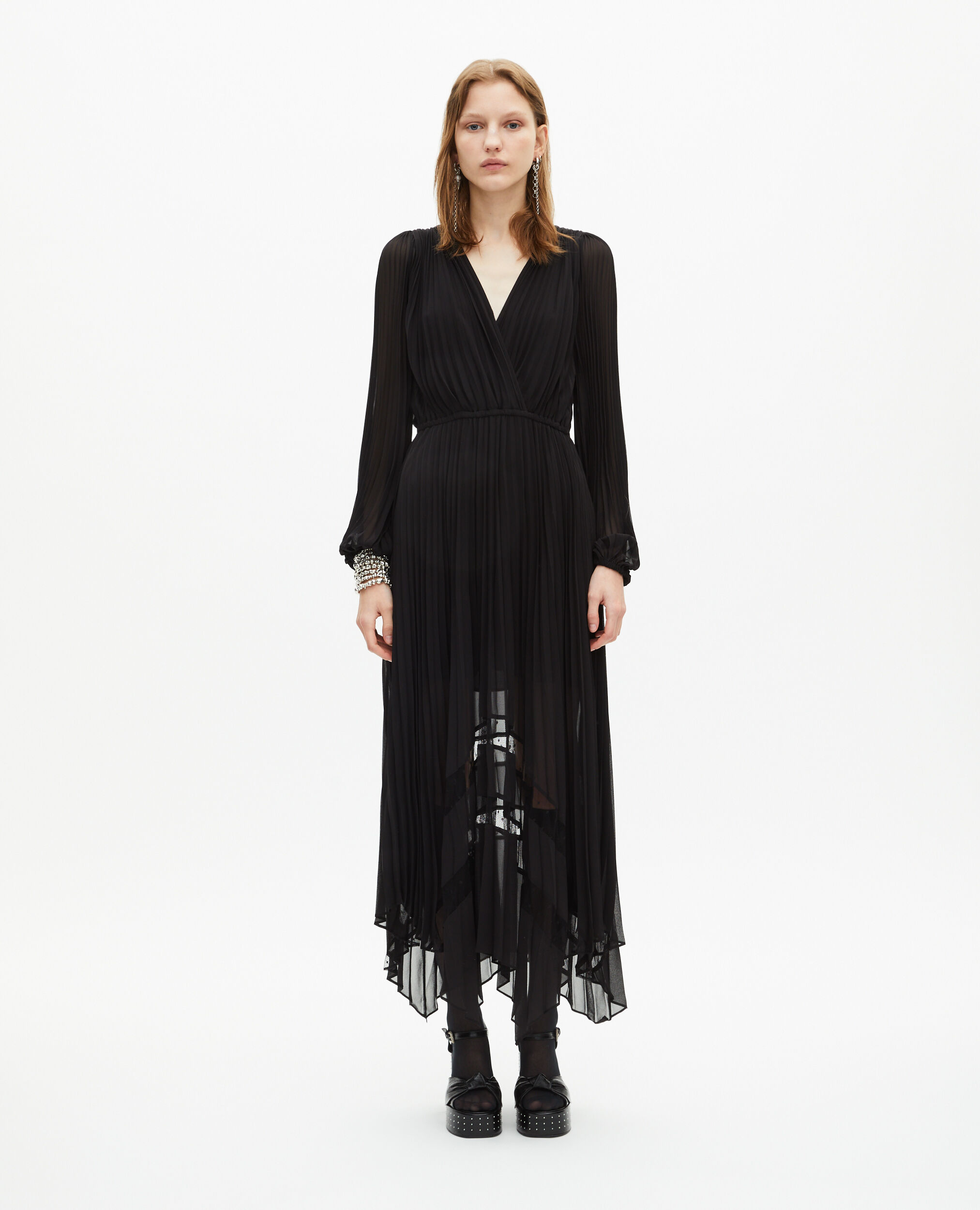 Robe longue plissée avec dentelle noire, BLACK, hi-res image number null