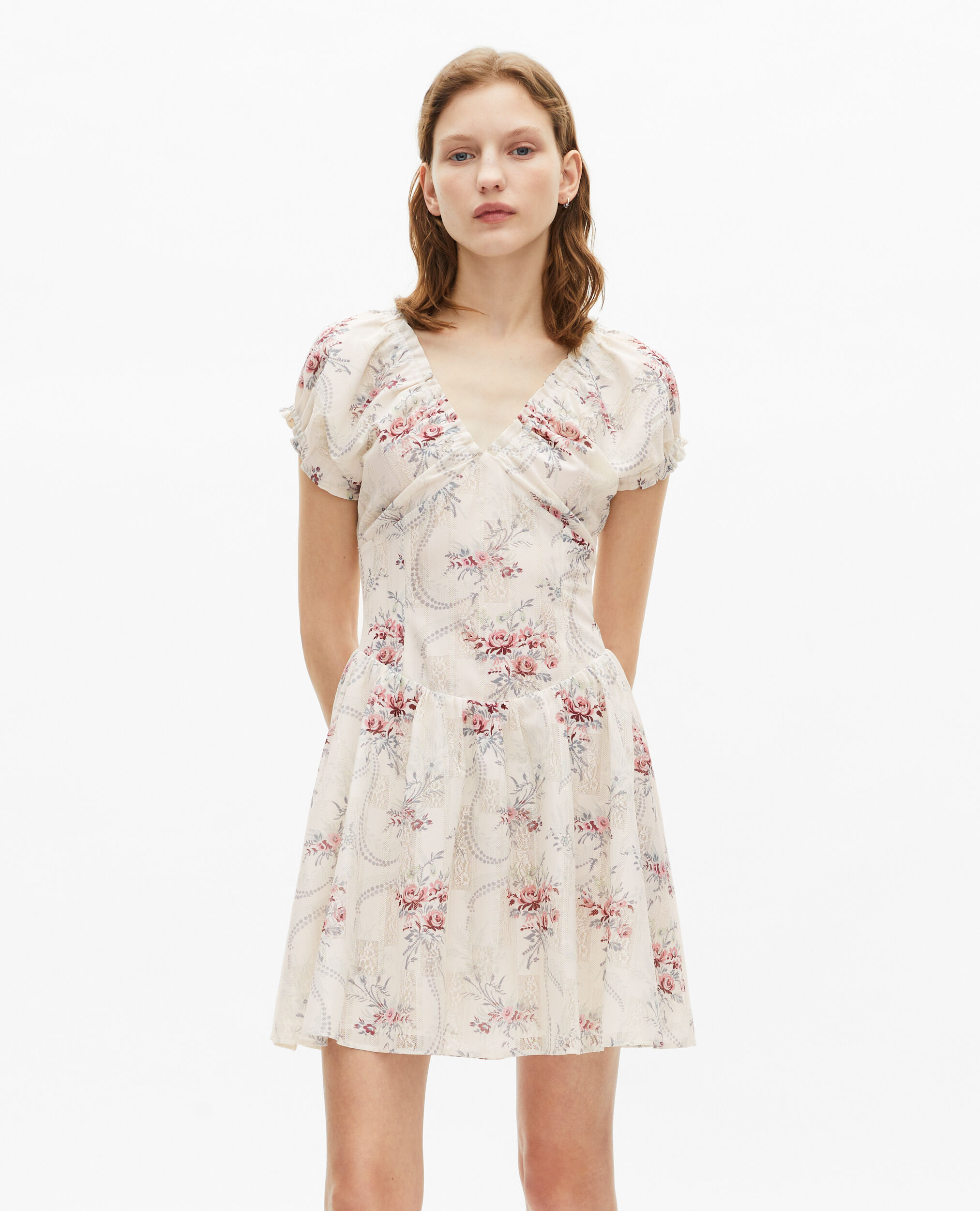 Robe courte imprimé fleuri blanche, OFF WHITE / PINK, hi-res image number null
