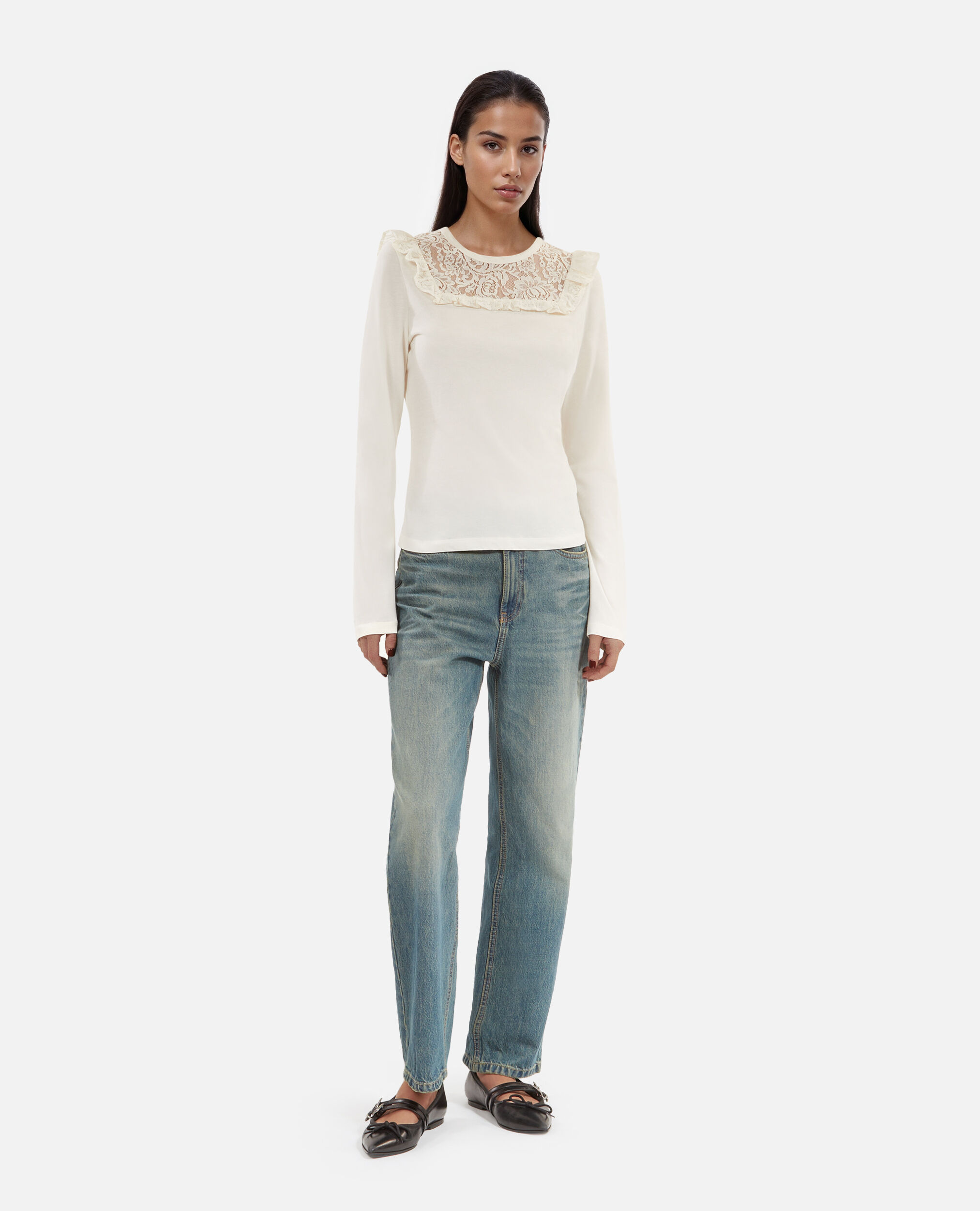 T-shirt manches longues avec dentelle blanc, WHITE, hi-res image number null