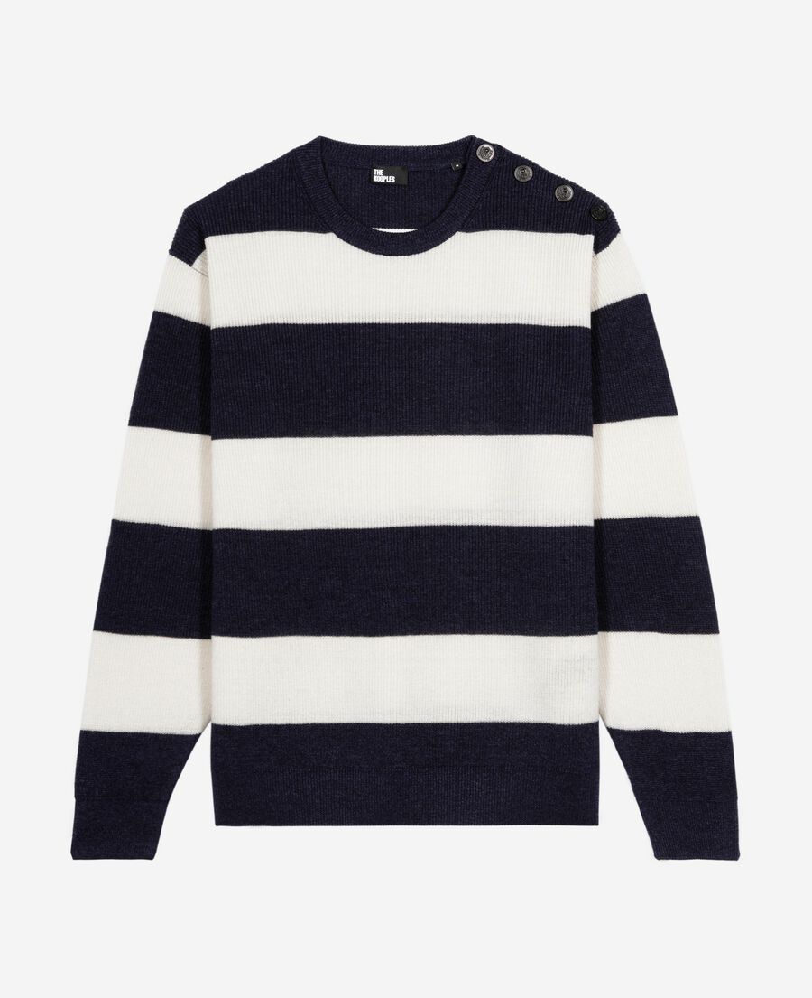 The Kooples HOMME ECRU NAVY pull en laine et lin à rayures marine