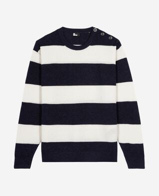 The Kooples HOMME ECRU NAVY pull en laine et lin à rayures marine