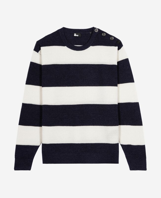 The Kooples HOMME ECRU NAVY pull en laine et lin à rayures marine
