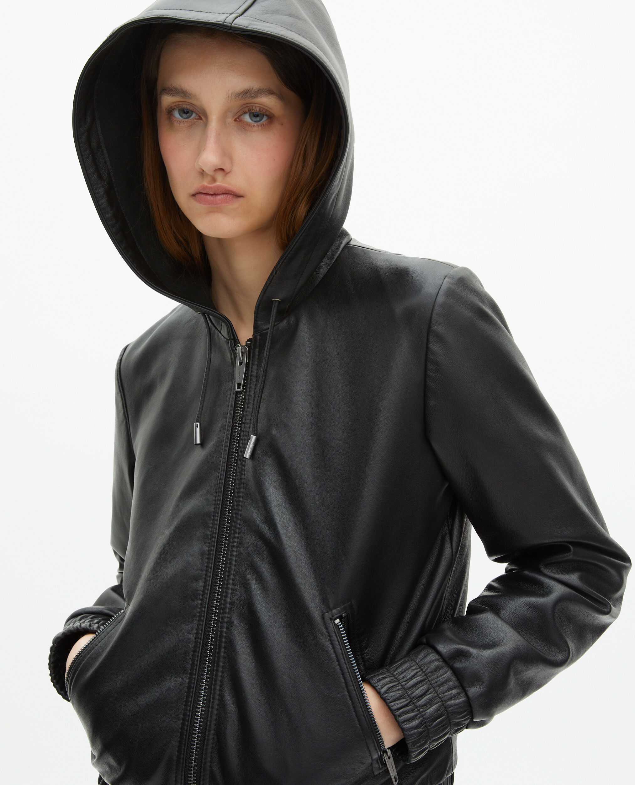 Blouson à capuche en cuir noir, BLACK, hi-res image number null