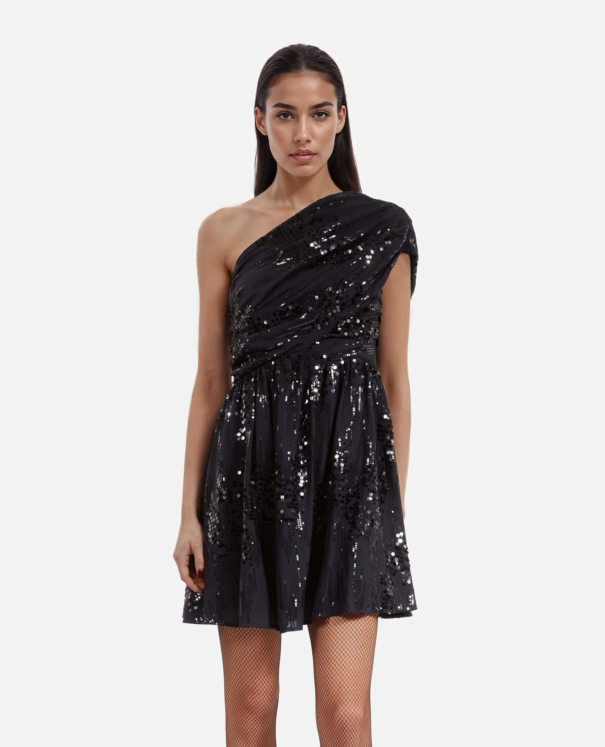 Robe courte à sequins effet drapé noire, BLACK, hi-res image number null