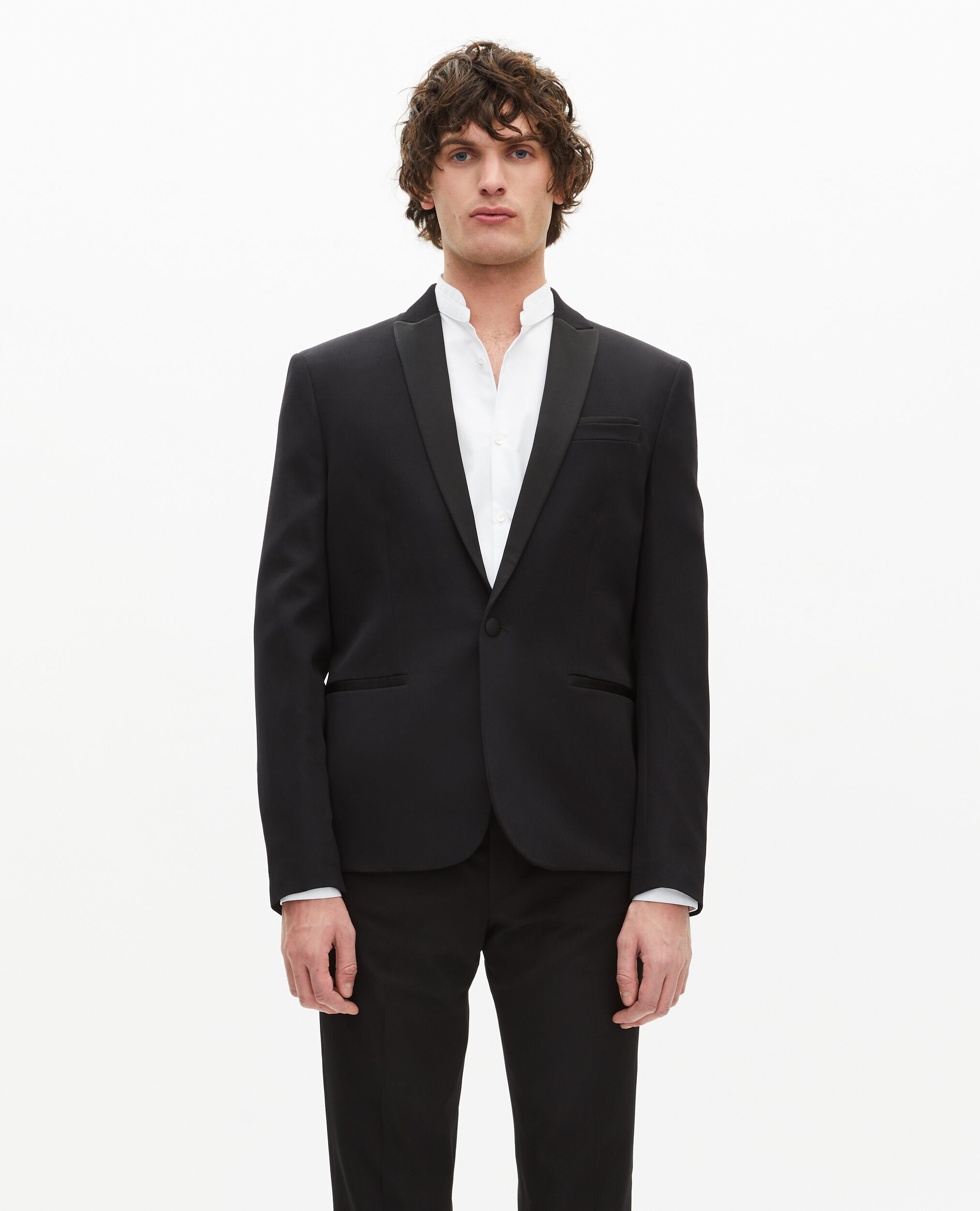 Veste de smoking avec détails en satin coupe ajustée noire, BLACK, hi-res image number null