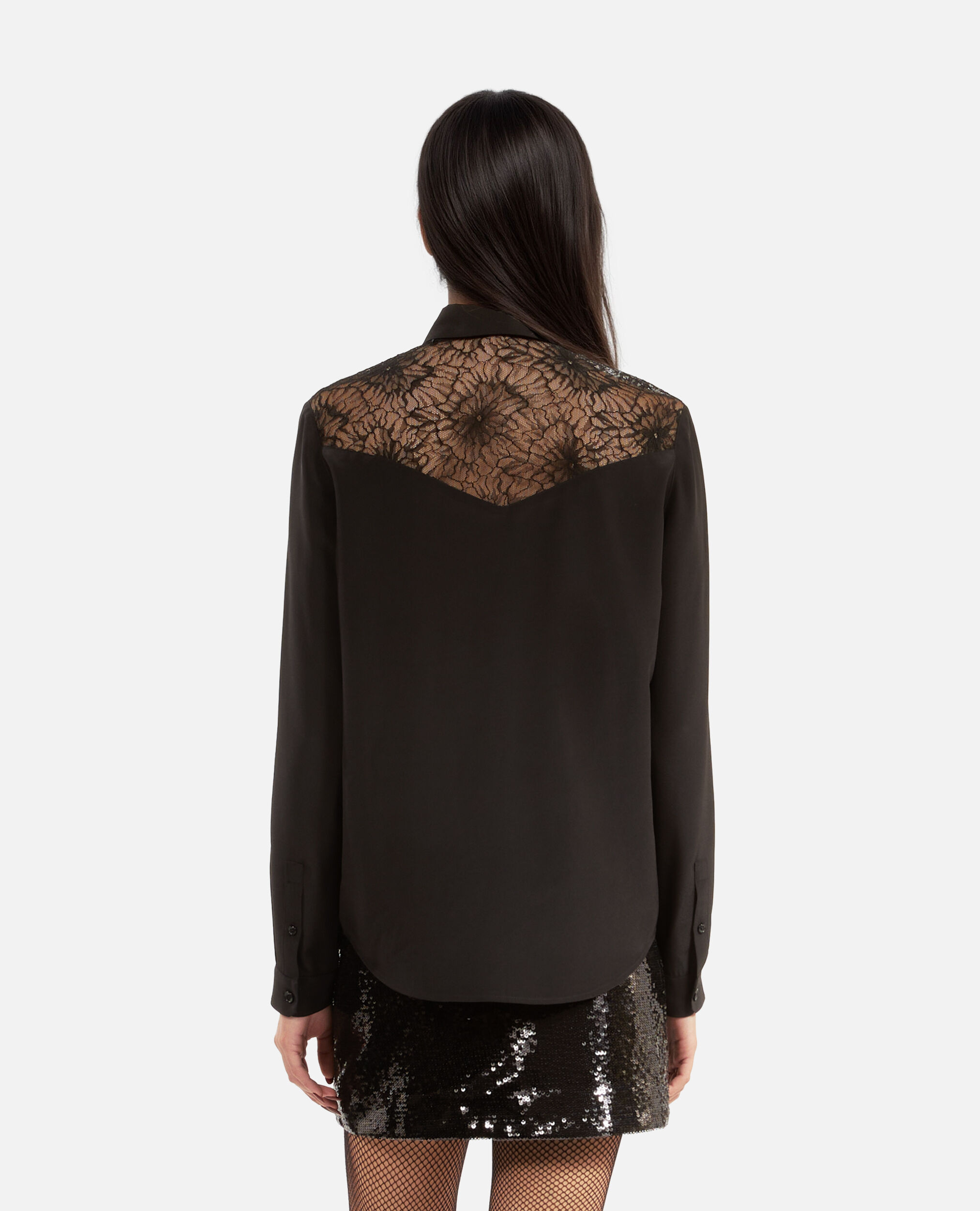 Chemise en soie avec dentelle noire, BLACK, hi-res image number null