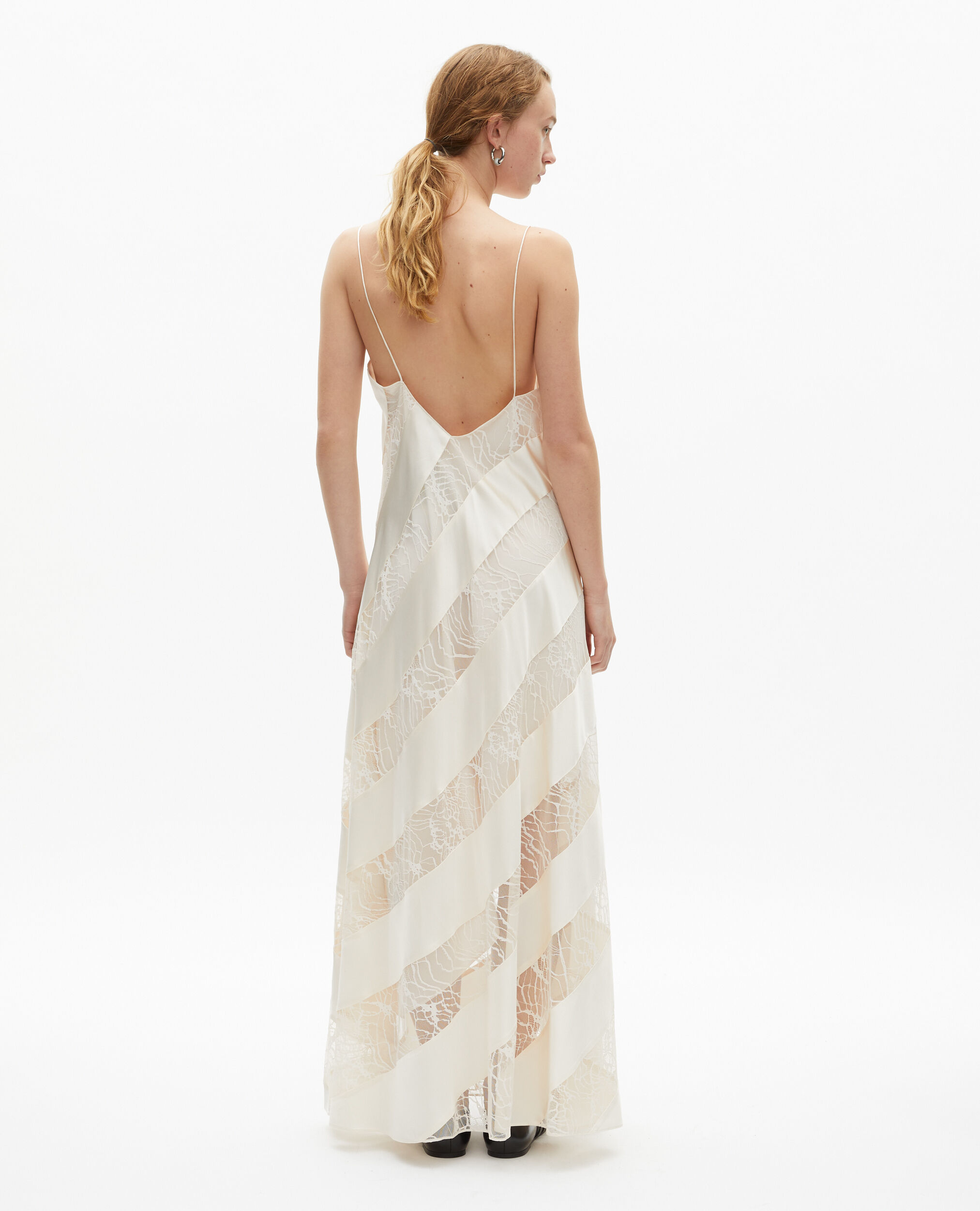 Robe nuisette longue en soie et dentelle écrue, ECRU, hi-res image number null